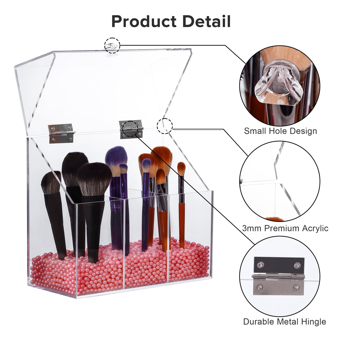 LOHRYVIO Acrylic Makeup Brush Holder with Lid - Clear Cosmetic Make up Brush Organizer and Storage Box with Dustproof Cover for Vanity - Large Capacity 3-Slots Container for Brushes (Clear)