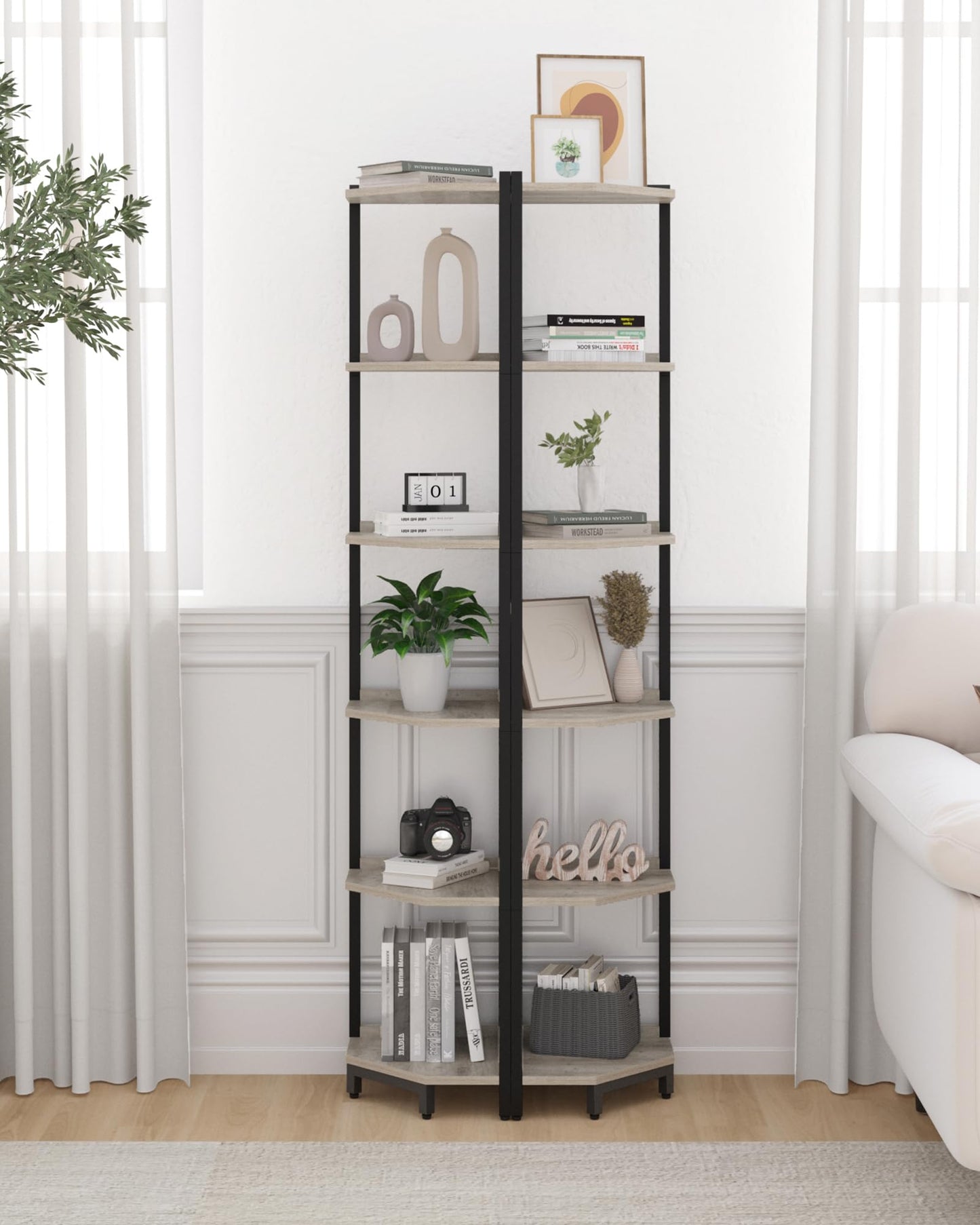 Hzuaneri Corner Shelf Stand, Corner Bookshelf, Storage Standing Shelf Unit with Metal Frame, Plant Stand, Corner Bookcase for Living Room, Home Office, Bedroom, 6-Tier Greige CS06005B