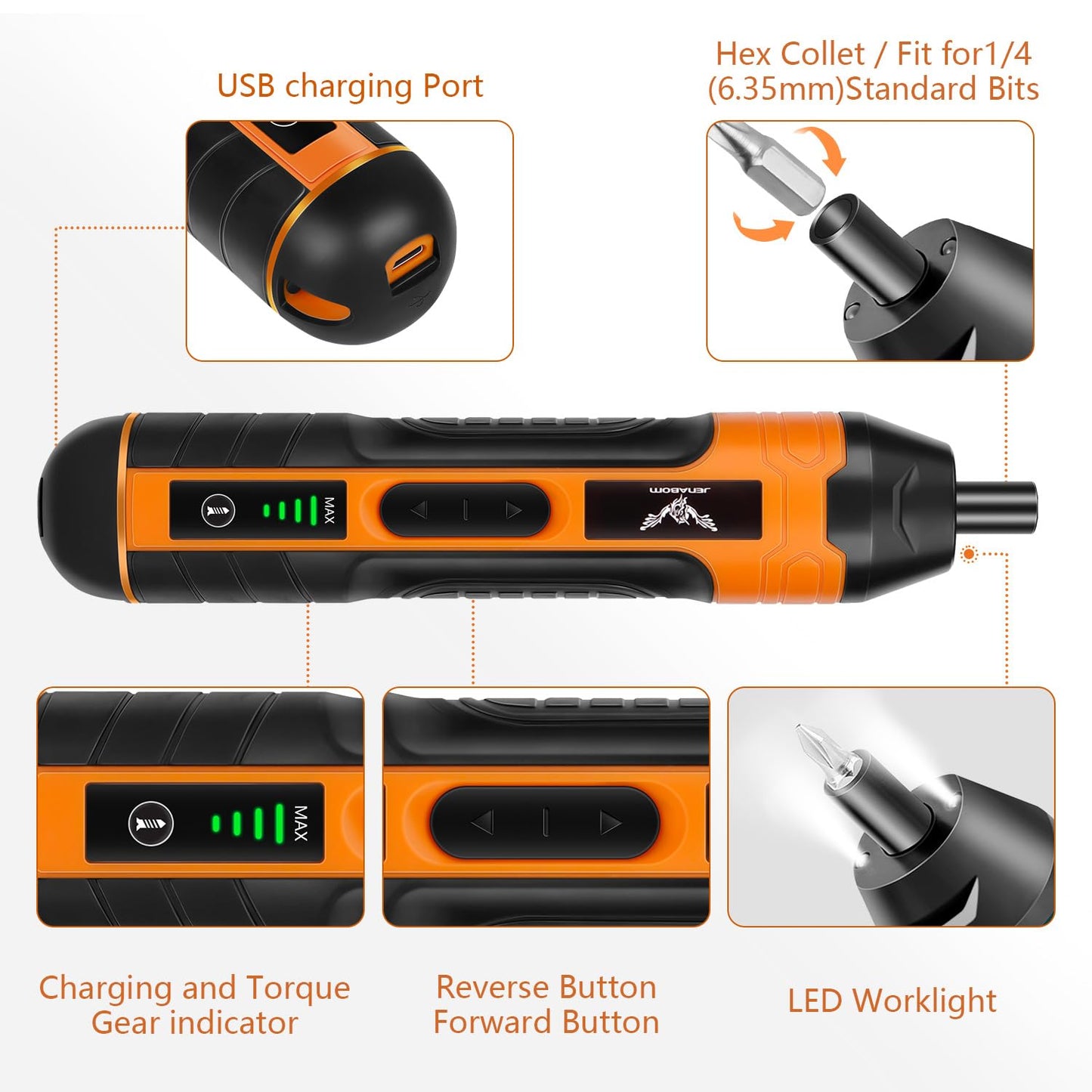 JENABOM 105 in 1 Electric Cordless Screwdriver,4-Gear Torque,LED Light,5N.m Max Adjustable Torque,3.6V Rechargeable Screwdriver for Daily & Light Industrial use (Orange)