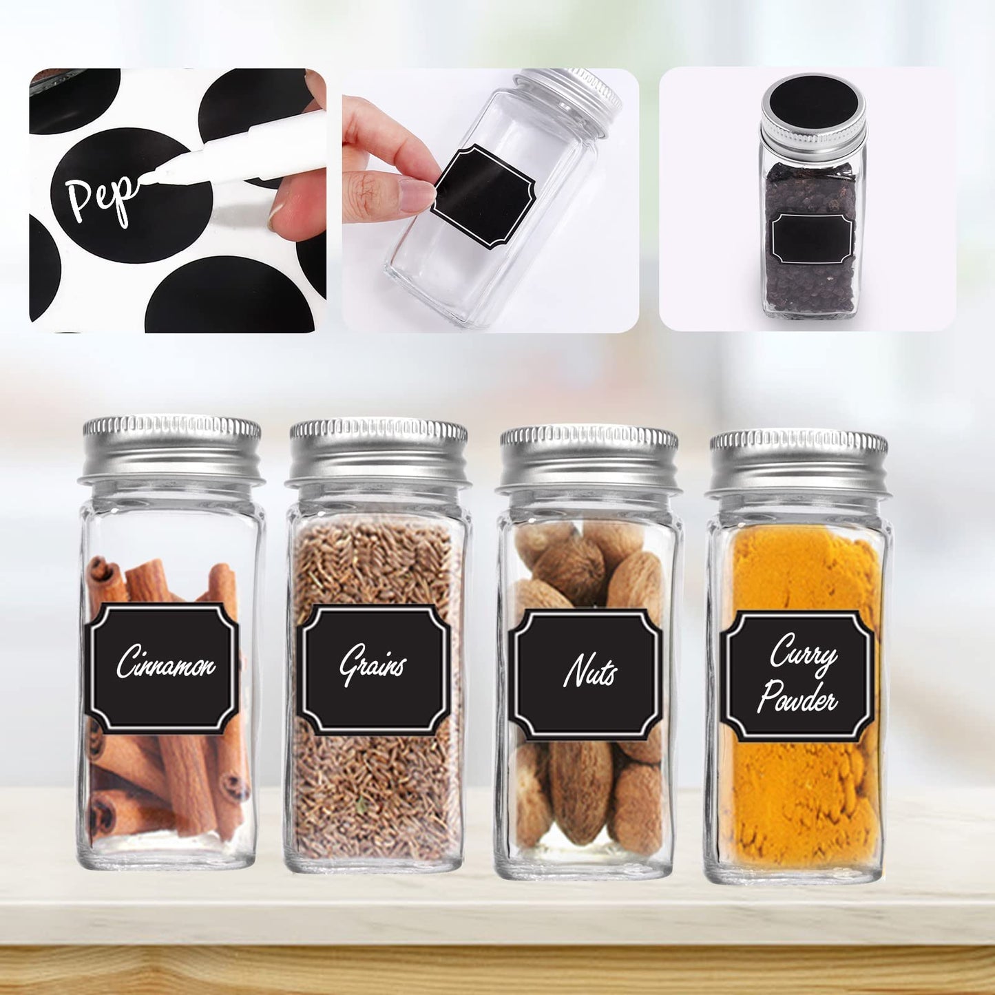 48 Pack 4oz Glass Spice Jars,Clear Square Spice Containers Bottles with Silver Caps and Shaker Lids,80pcs Black Labels,1 Funnel and 2 Brush for Kitchen Storage