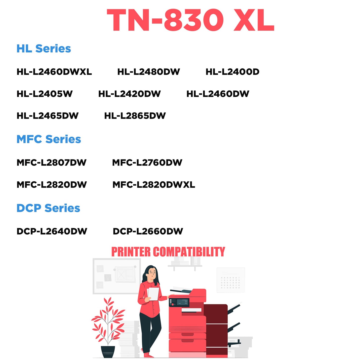 PrinterPro™ Toner tn830 Compatible with Brother TN830XL Black Toner Cartridge tn830 XL tn-830 HighYield HL-L2405W HL-L2420DW HL-L2460DW HL-L2465DW DCP-L2640DW L2647DW MFC-L2820DW L2900DW (2PK)