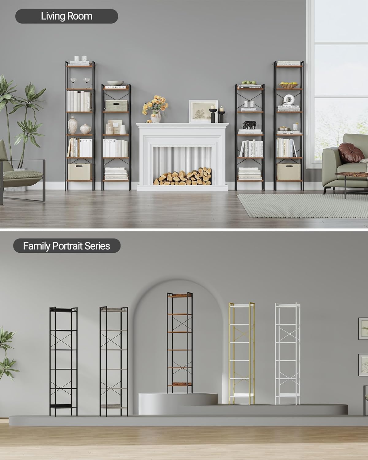 Hzuaneri Bookshelf, Book Shelf, Industrial Bookcase with 2 Hooks, Coner Shelf Storage Organizer for Home Office, Living Room, Bedroom, Kitchen, 6-Tier Rustic Brown BC10701B
