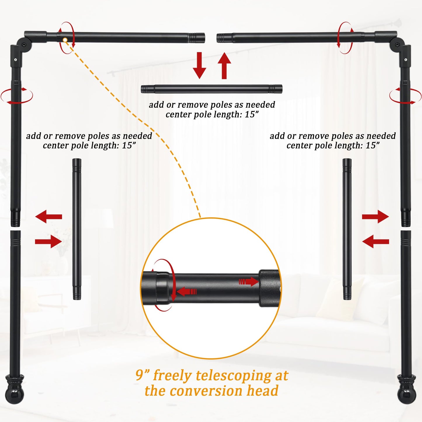Bay Window Curtain Rods, U shaped Adjustable Curved Curtain Rods for Windows 59 to 184 Inches, Black 1 inch Renter Friendly Heavy Duty Curtain Rods with Brackets for Bedroom, Living Room Curtains