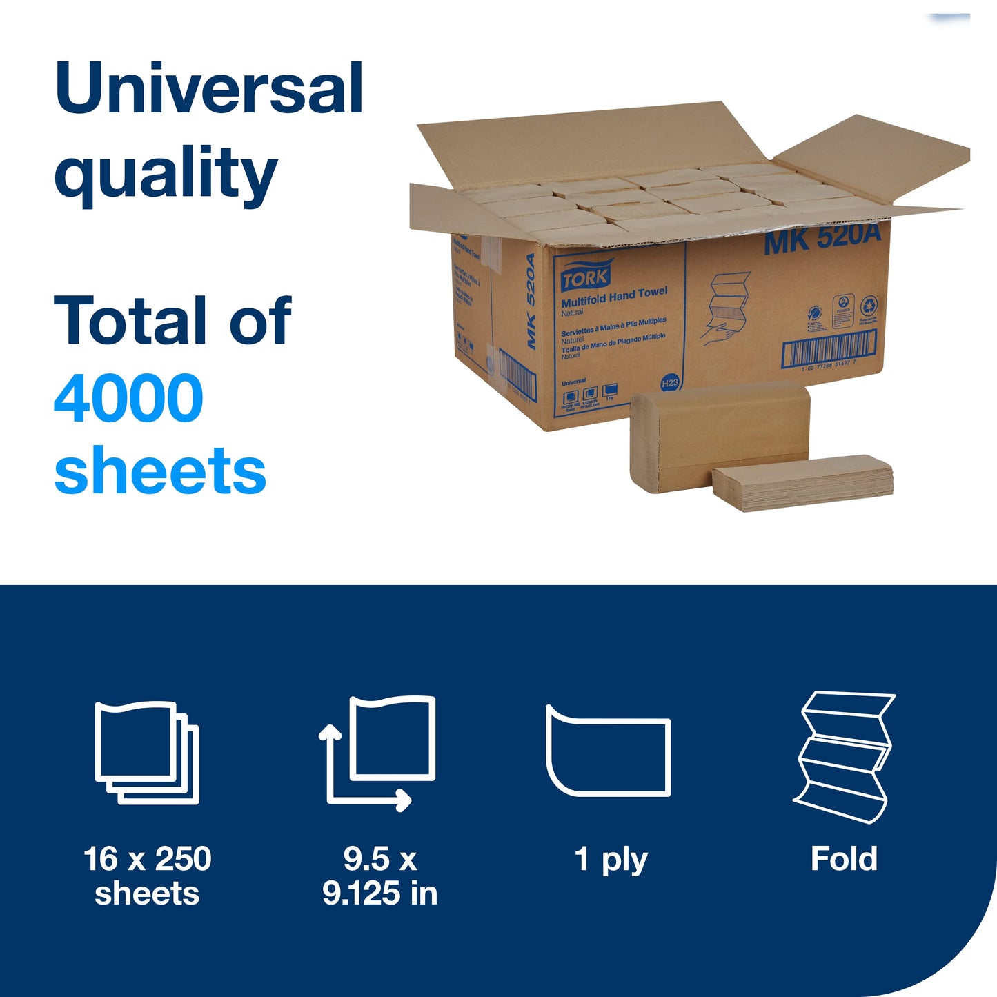 Tork Universal MK520A Multifold Paper Hand Towel, 1-Ply, 9.5" Width x 9.13" Length, Natural, (Case of 16 Packs, 250 per Pack, 4,000 Towels)