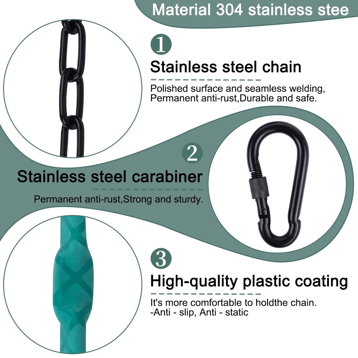 2-Pack Stainless Steel Anti-Rust Chain Suspension Kit, 64-Inch Buckle Hanging Chair Chain, Suitable for Heavy-Duty Hammocks, Swings, Sandbags, Etc., Load Capacity 1000Lb