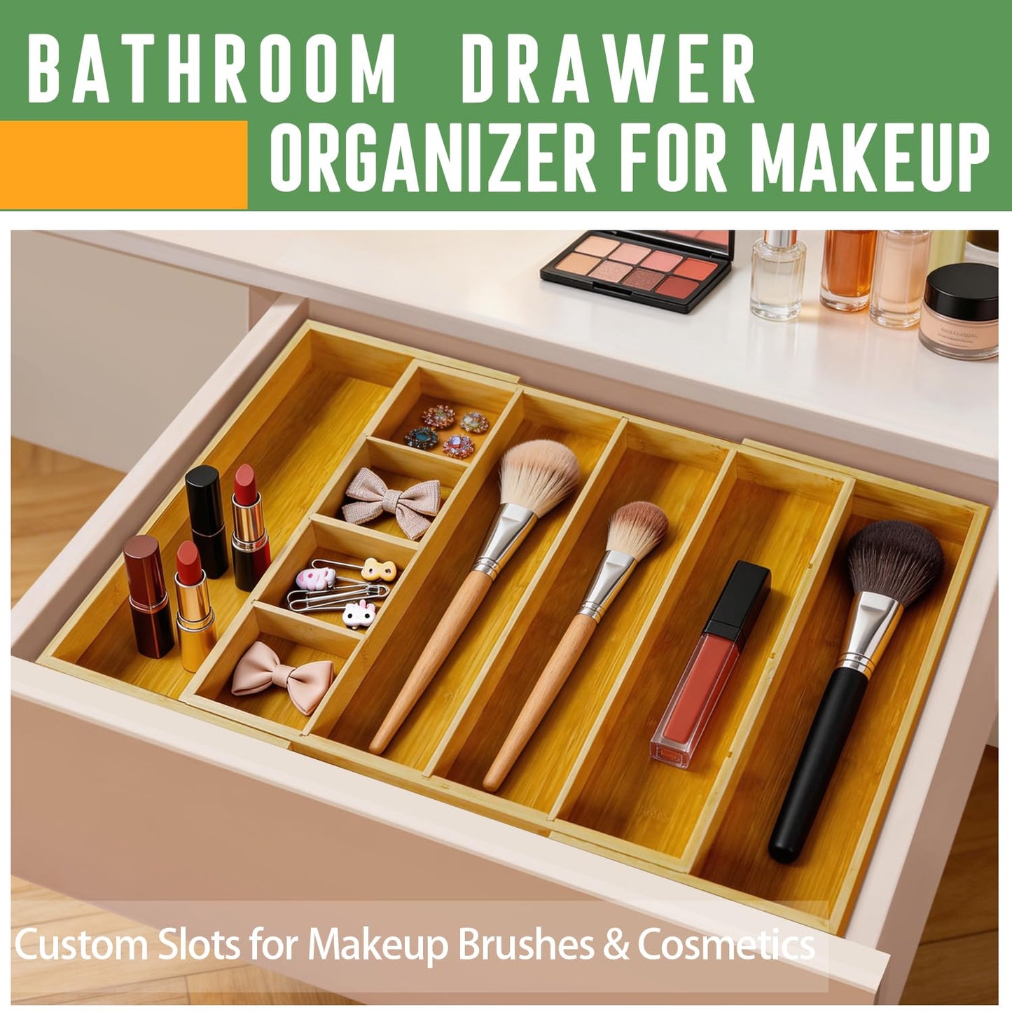 KWASVLYA Bamboo Expandable Drawer Organizer with Removable Dividers, 15"-22" Adjustable Tray for Kitchen Utensils, Makeup & Office Storage