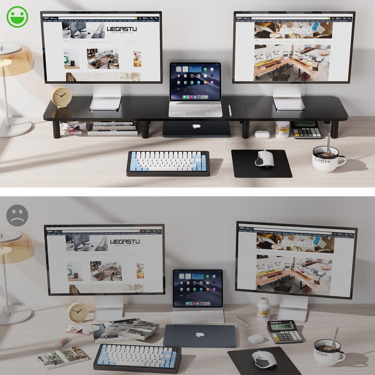 WEGASTU Dual Monitor Stand Riser 43.7 inch Large Extra Long Monitor Stand Riser Wide TV Stand Riser Monitor Stand for 2 Monitors Wood & Steel Leg Adjustable height Desktop Riser Desk Organization Home Office (Black)