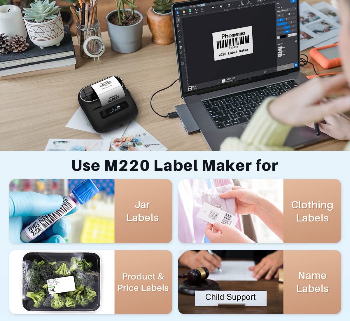 Phomemo M220 Label Makers, Bluetooth Label Printer, 3.14 Inch Portable Thermal Label Maker Machine for Barcode, Labeling, Organizing, Small Business, Compatible with iOS & Android, with 3 Roll Labels