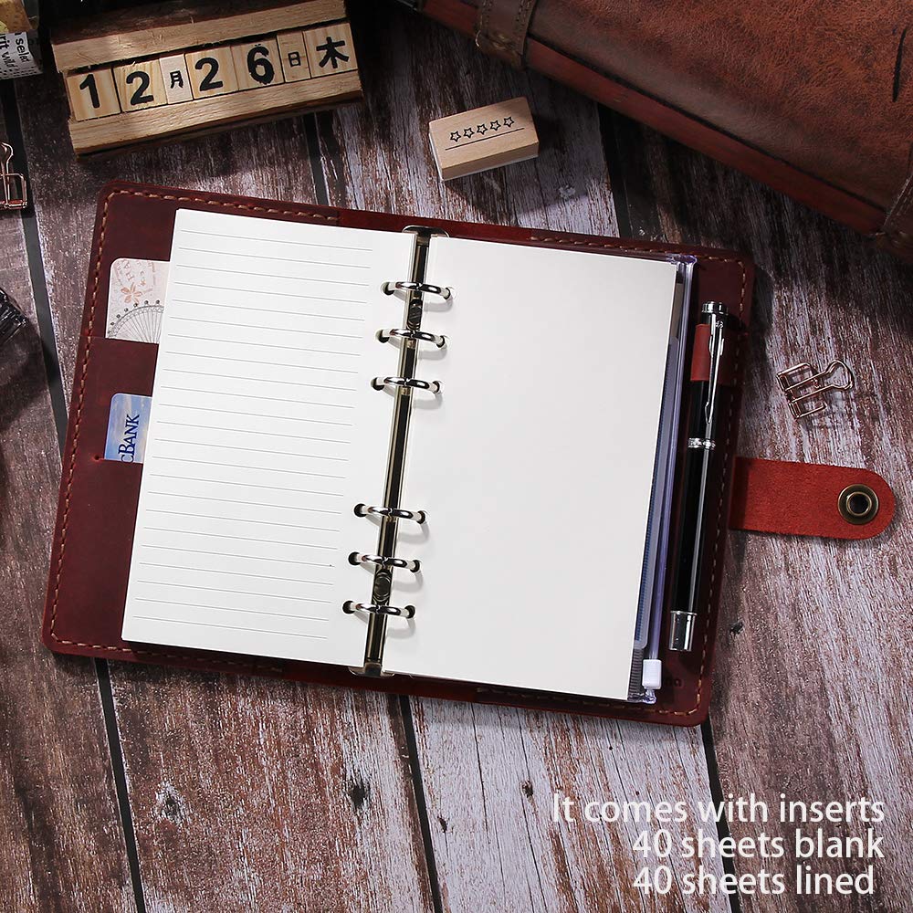 Leather Journal Refillable Writing Notebook, A6 Personal Size 6 Ring Binder Spiral Notebook, Handmade Genuine Leather Refillable Journal Binder Diary, Pocket Binder Traveler Notebook-Wine