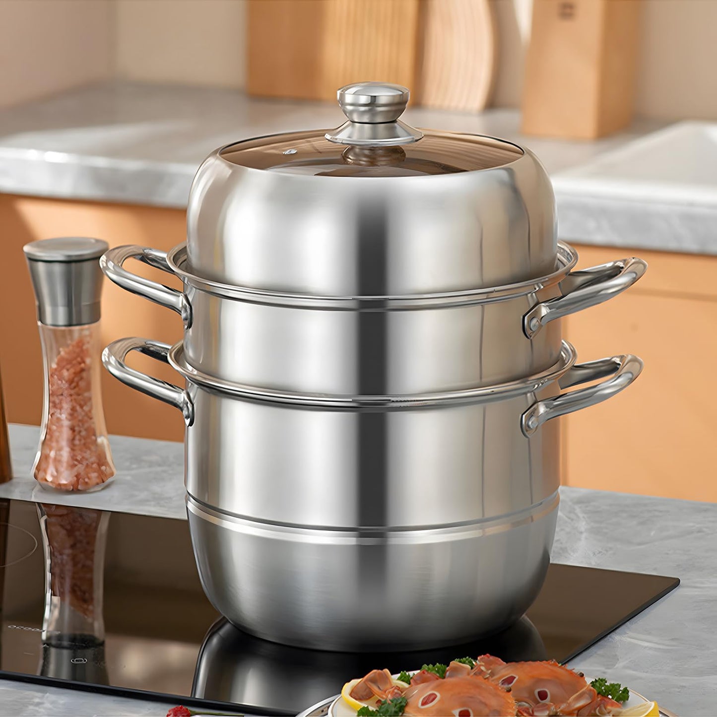 3-Tier Steamer Dia 30cm/11.81" Stainless Steel Boiler Pot with Tempered Glass Lid Steamer Pot with Handles on Both Sides Work with Gas, Electric, Grill Stove Top