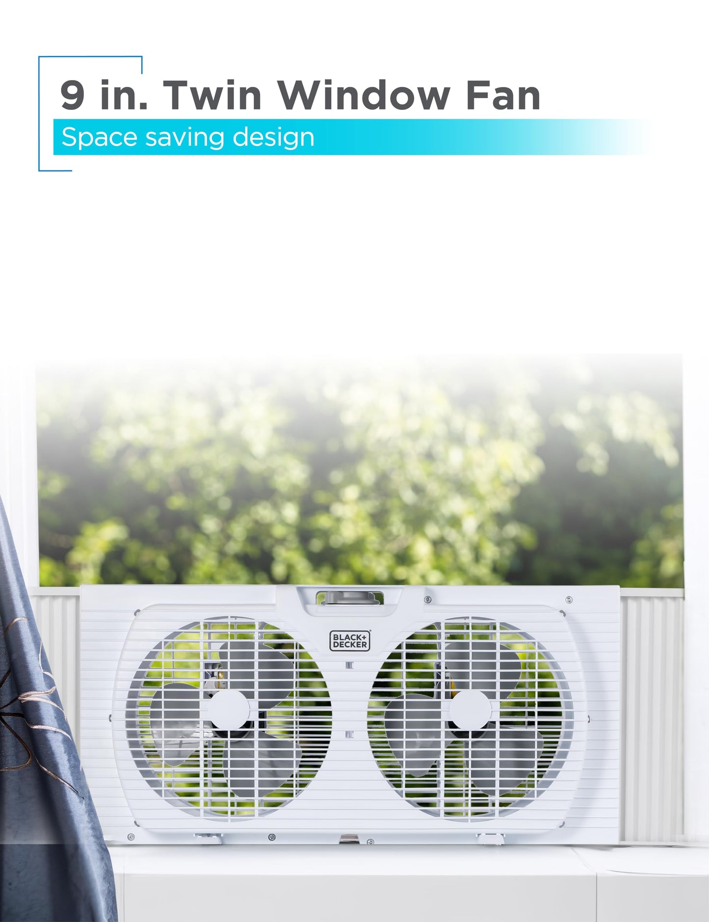 BLACK+DECKER 9" Dual Window Fan with 2 Speed Settings, Twin Fan Heads with Mechanical Dial Control, Removable Legs, For Sliding Windows up to 33” W with Accordion Expanders, BFW9M, White