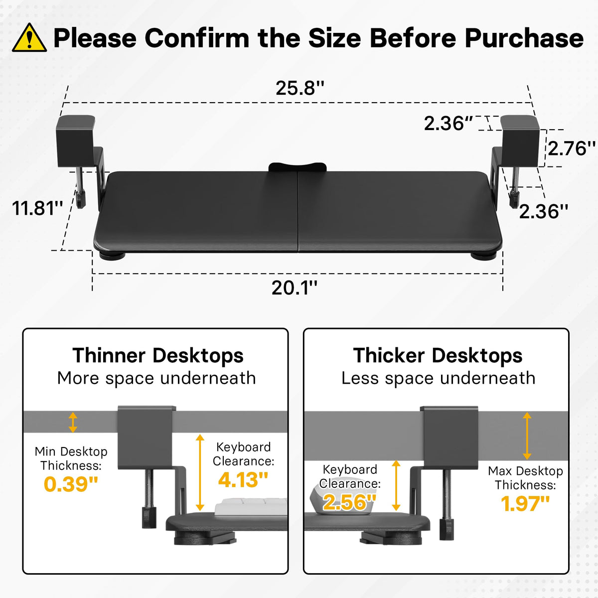 BONTEC Under Desk Keyboard Tray, Pull-Out Keyboard & Mouse Platform with C-Clamp, 20 x 11.8 in Space-Saving Ergonomic Slide-Out Drawer, Black