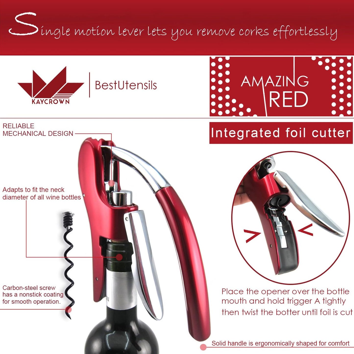 Best Utensils Professional Zinc Alloy Power Wine Opener Corkscrew Built-in Foil Cutter Premium Vertical Lever Corkscrew Waiter Wine Opener Kit Bottle Opener, Red