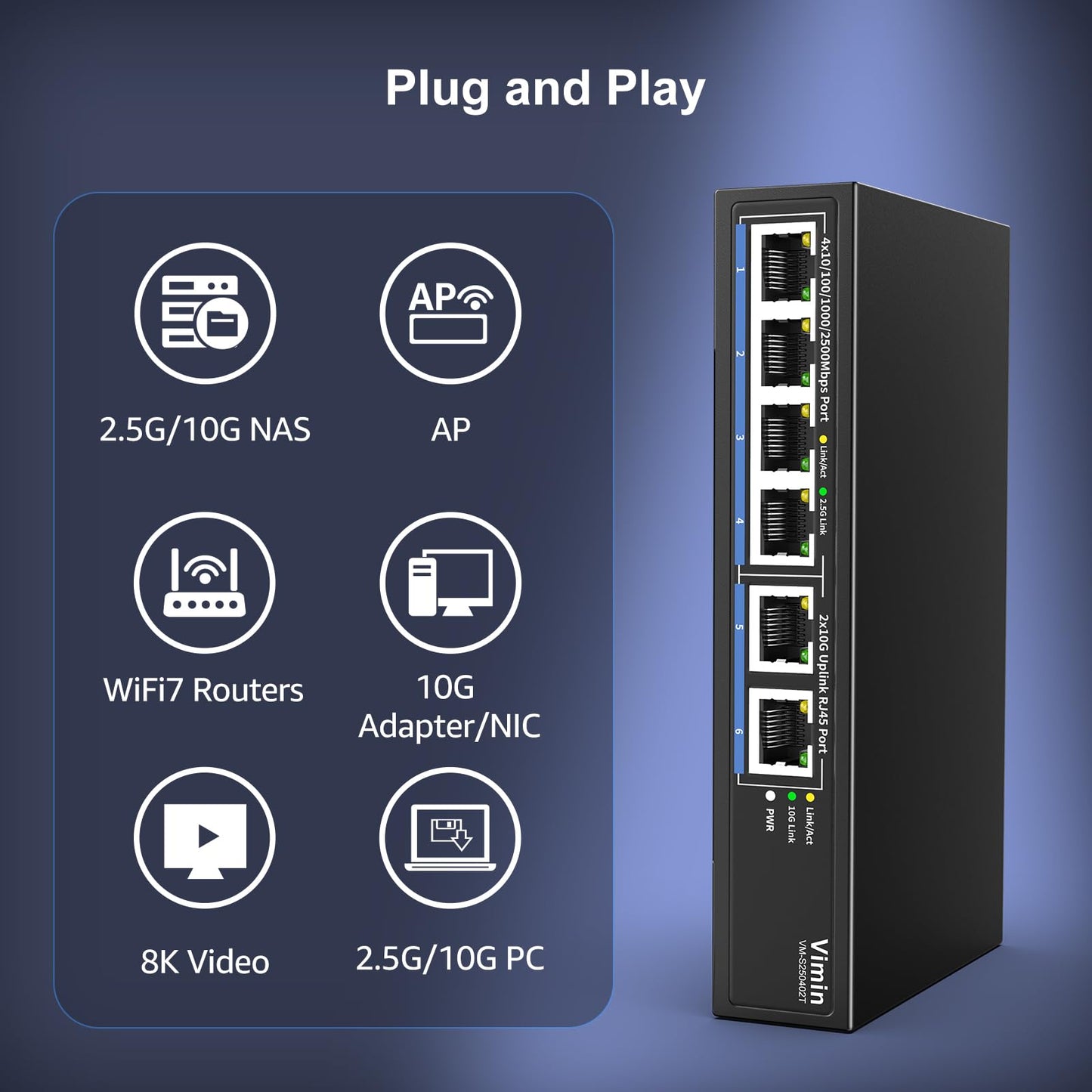 6-Port 10G/2.5G Ethernet Switch with Dual 10GBASE-T, Vimin 4X 2.5G +2 x 10Gb RJ45 Ports Unmanaged Switch, 60Gbps Capacity, 10G Switch Desktop/Wall Mount Network Switch for NAS, PC, Wireless AP