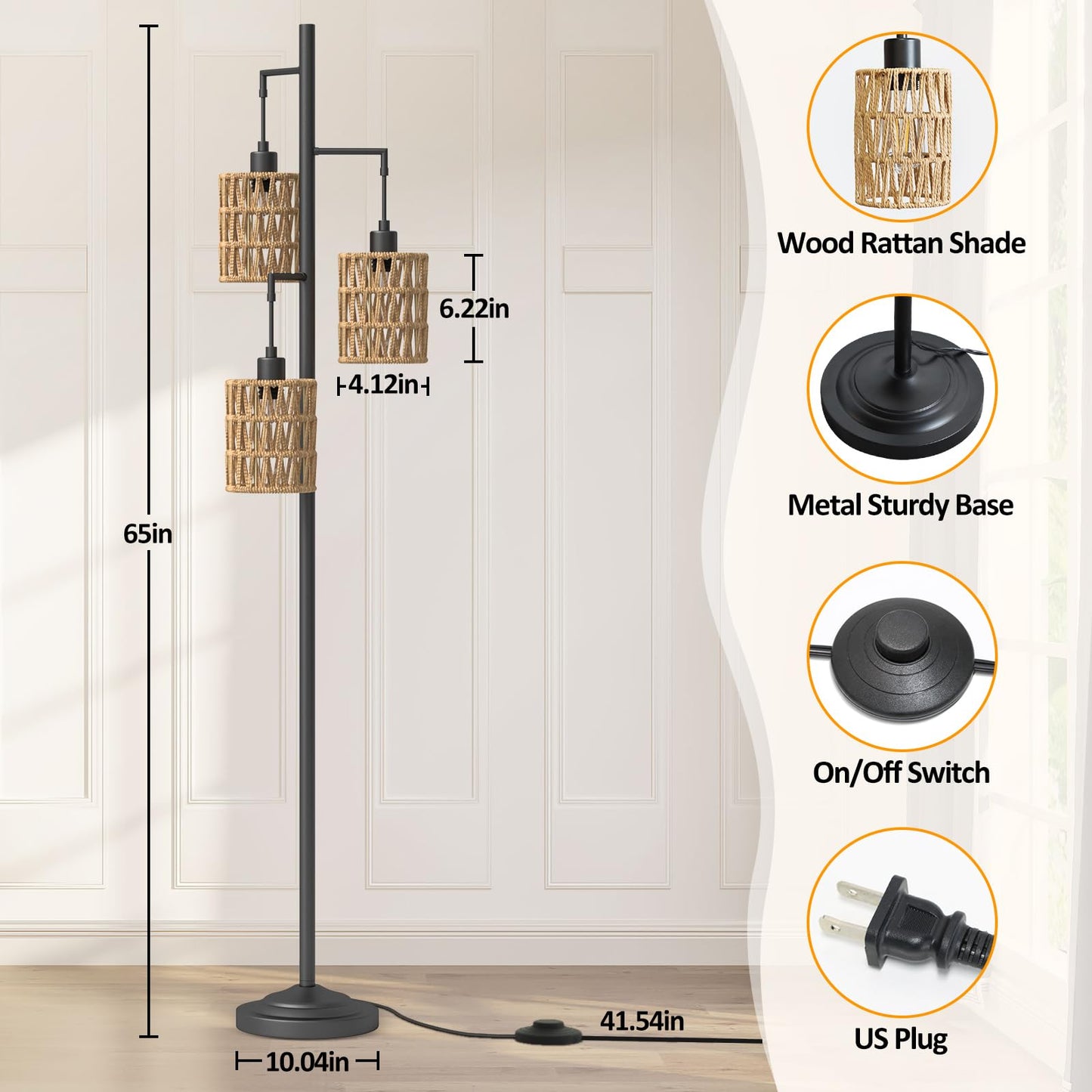 CNXIN 3 Lights Rattan Floor Lamps with ON/Off Foot Switch Tree Standing Lamp with Wood Rattan Lampshades Boho Floor Lamp Tall Pole Lamp for Living Room Bedroom Office, 3 PCS 6W Bulbs Included