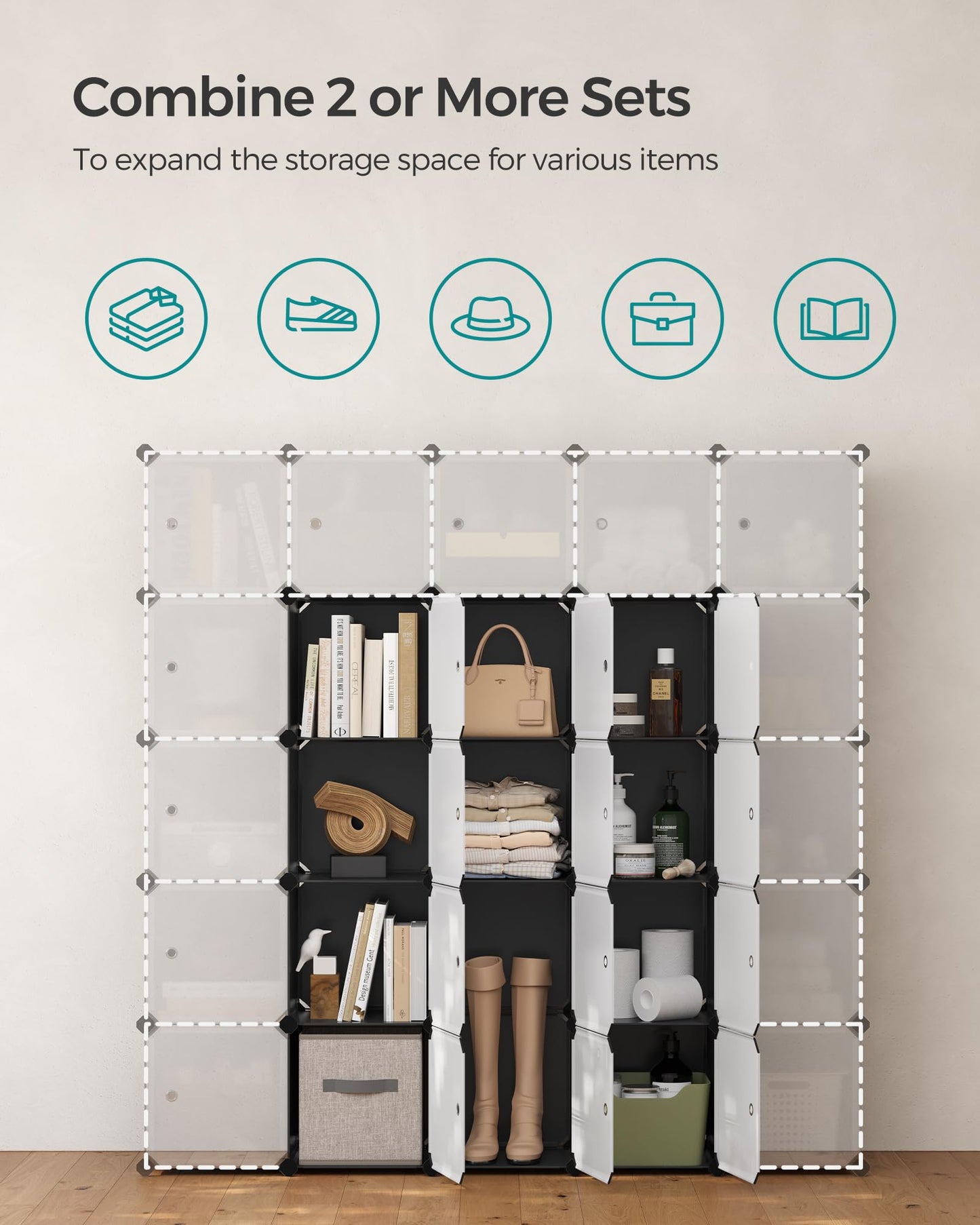 SONGMICS Cube Storage Organizer, Set of 12 Plastic Cubes, Closet Storage Shelves, DIY Plastic Closet Cabinet, Modular Bookcase, Shelving with Doors for Bedroom, Living Room, Black and White ULPC34HV1