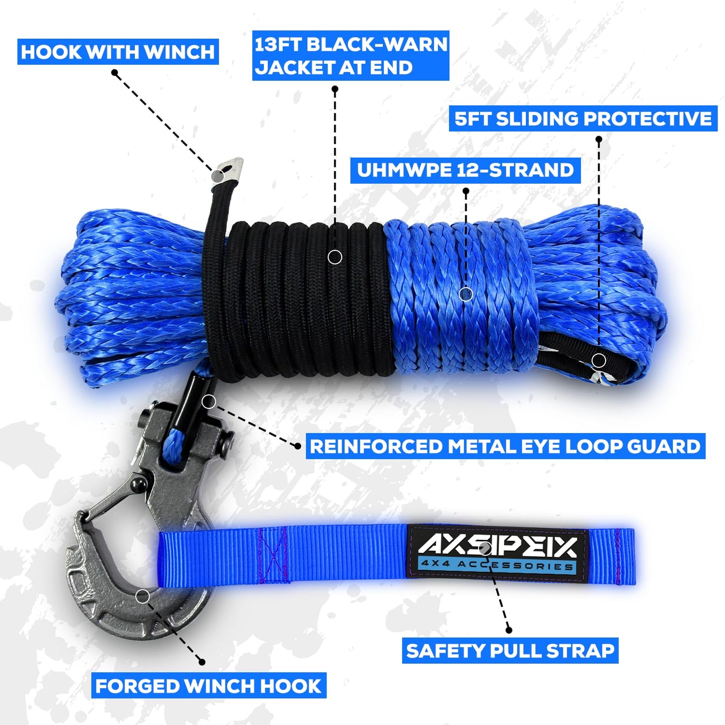 Synthetic Winch Rope Kit, 1/4" x 50ft 10000LBS Blue Winch Cable with Protective Sleeve, Forged Winch Hook, Rubber Stopper and Safety Pull Strap for ATV UTV