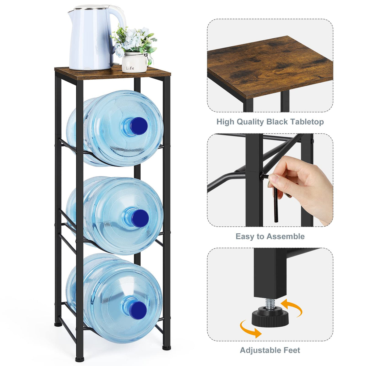 Water Jug Holder Rack 3-Tier Water Storage Organizer with Shelves for 5 Gallon Water Bottle Dispenser Stand for Office Kitchen Living Room Office, Rustic Brown