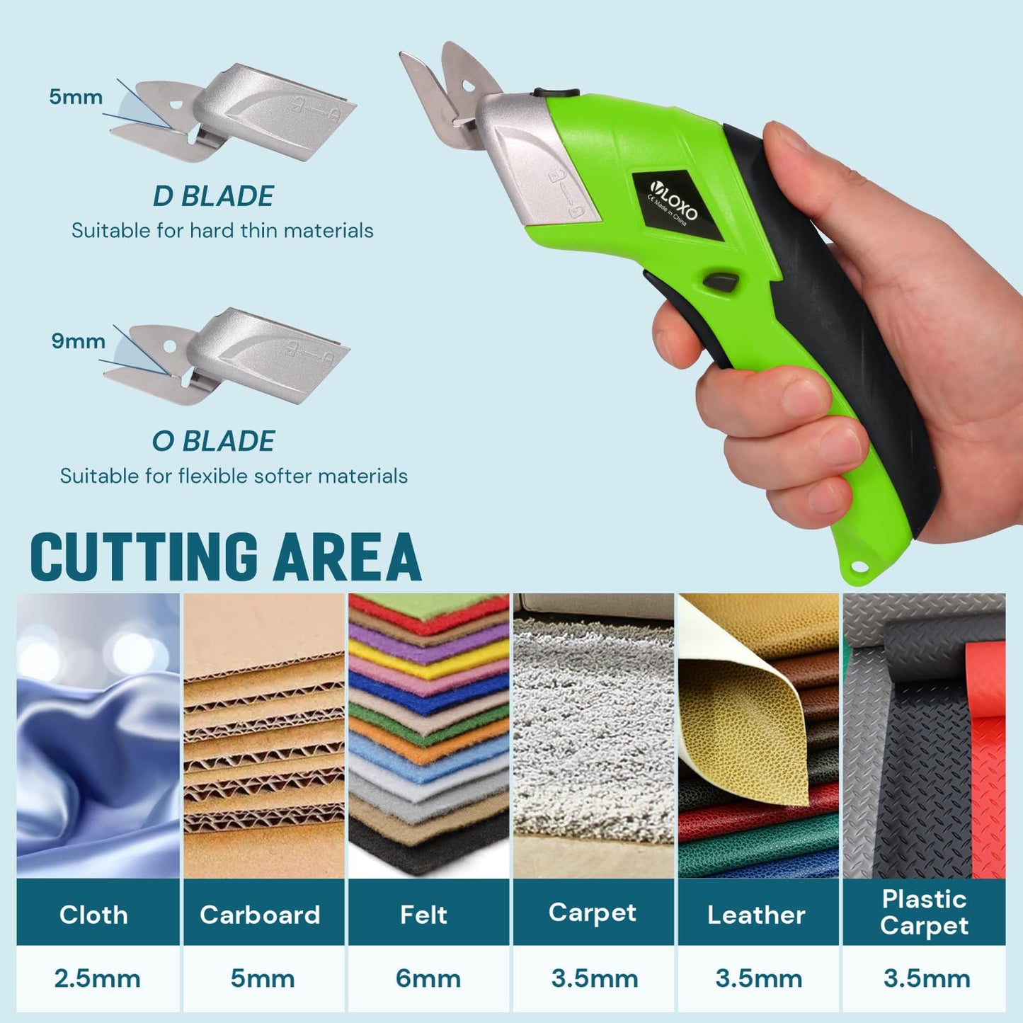 Cordless Electric Scissors, VLOXO Cardboard Cutter Electric Fabric Scissors with Replace Blade Rechargeable Powerful Fabric Cutter for Crafts Leather Carboard Carpet Plastic Felt with Case Green