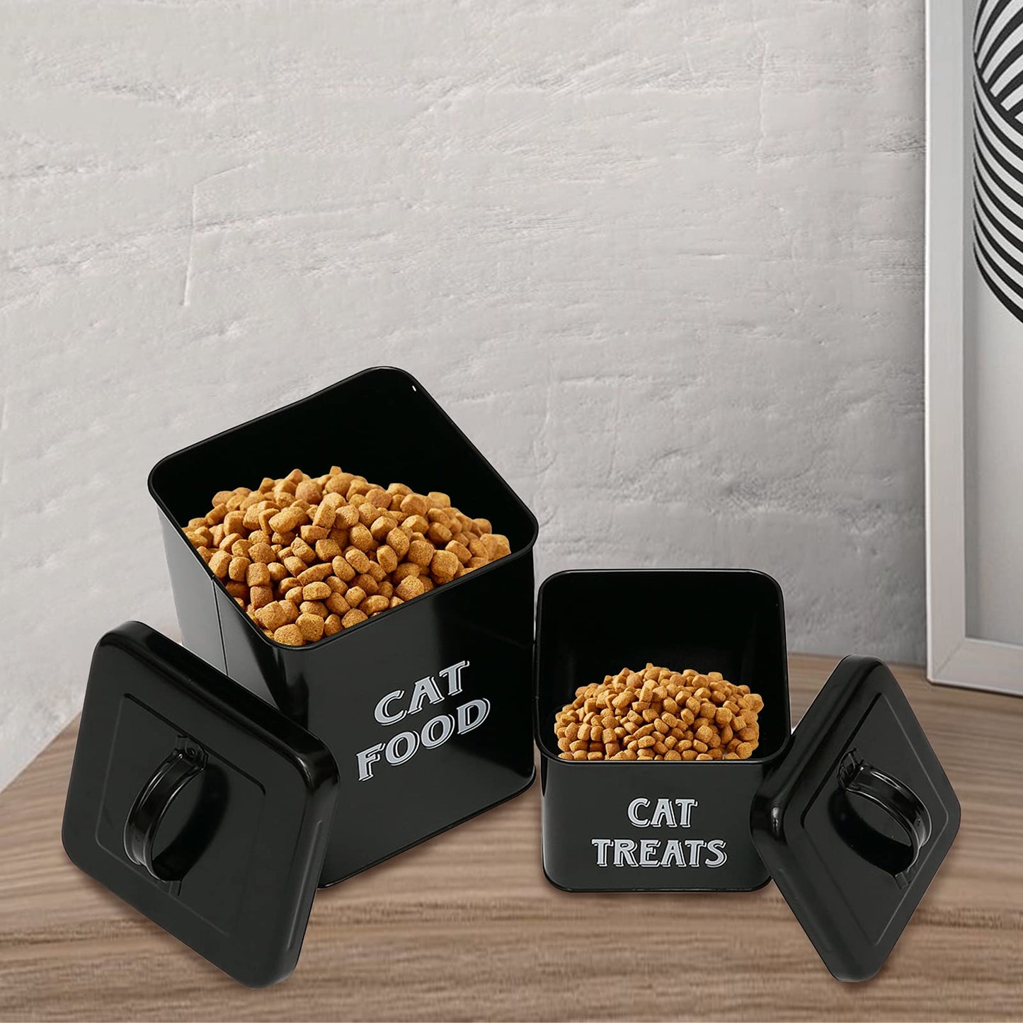Pethiy cat Food and Treats Containers Set with Scoop for cats-Vintage White Powder-Coated Carbon Steel - Tight Fitting Lids - Storage Canister Tins Small-Black