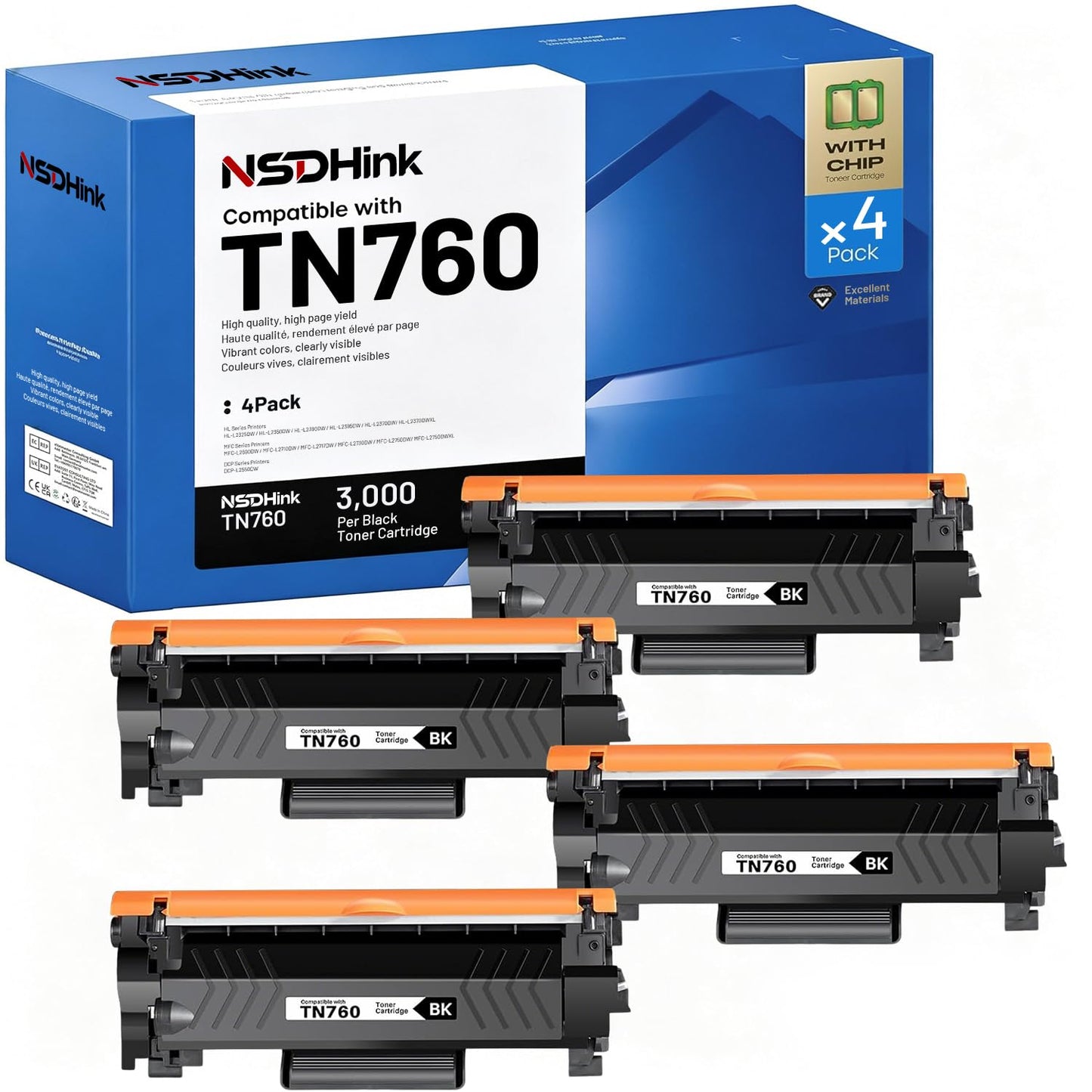 NSDHInk (WITH CHIP) TN760 Toner Cartridges Replacement for Brotner TN 760 TN-760 TN730 High Yeild use for Brotner DCP-L2550DW HL-L2350DW MFC-L2750DW MFC-l2710DW HL-L2370DW HL-L2390DW HL-L2395DW, 4Pack