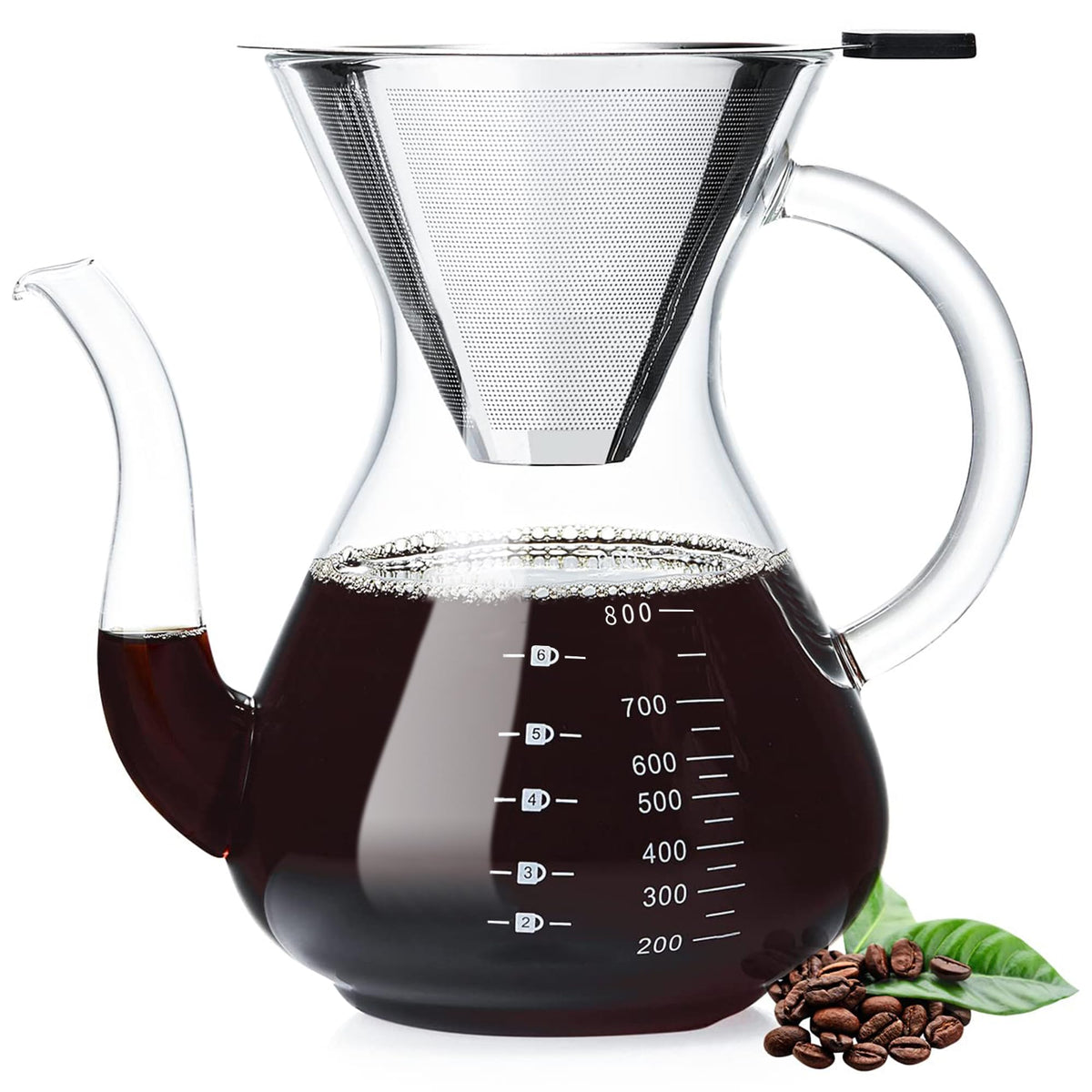 Unbreakable - Pour Over Coffee Maker with Double Stainless Filter 8-Cup, Thickened Heat-Resistant Borosilicate Glass Pour Over Coffee Dripper, Stovetop Safe