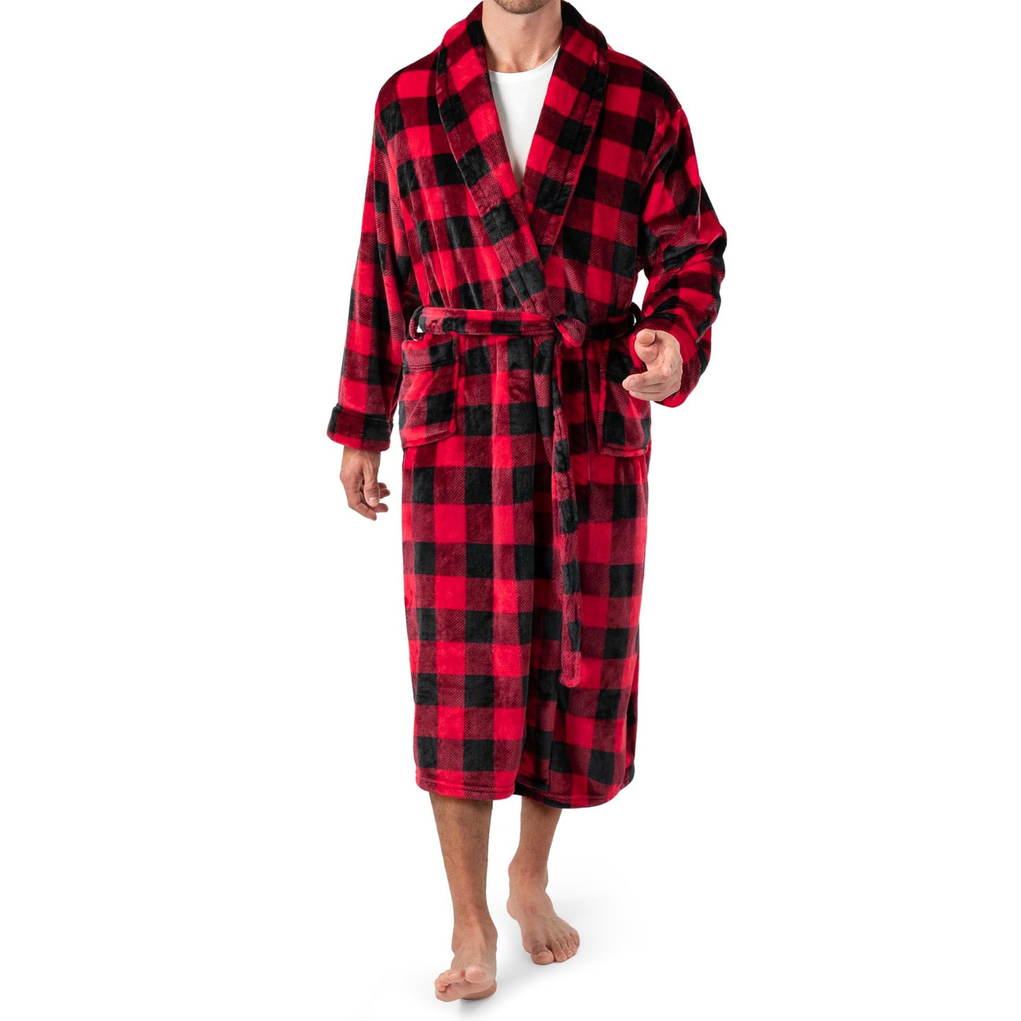 PAVILIA Mens Soft Robe | Warm Fleece Robes for Men, Soft Spa Bathrobe with Shawl Collar and Pockets, Plaid Red, Large-X-Large