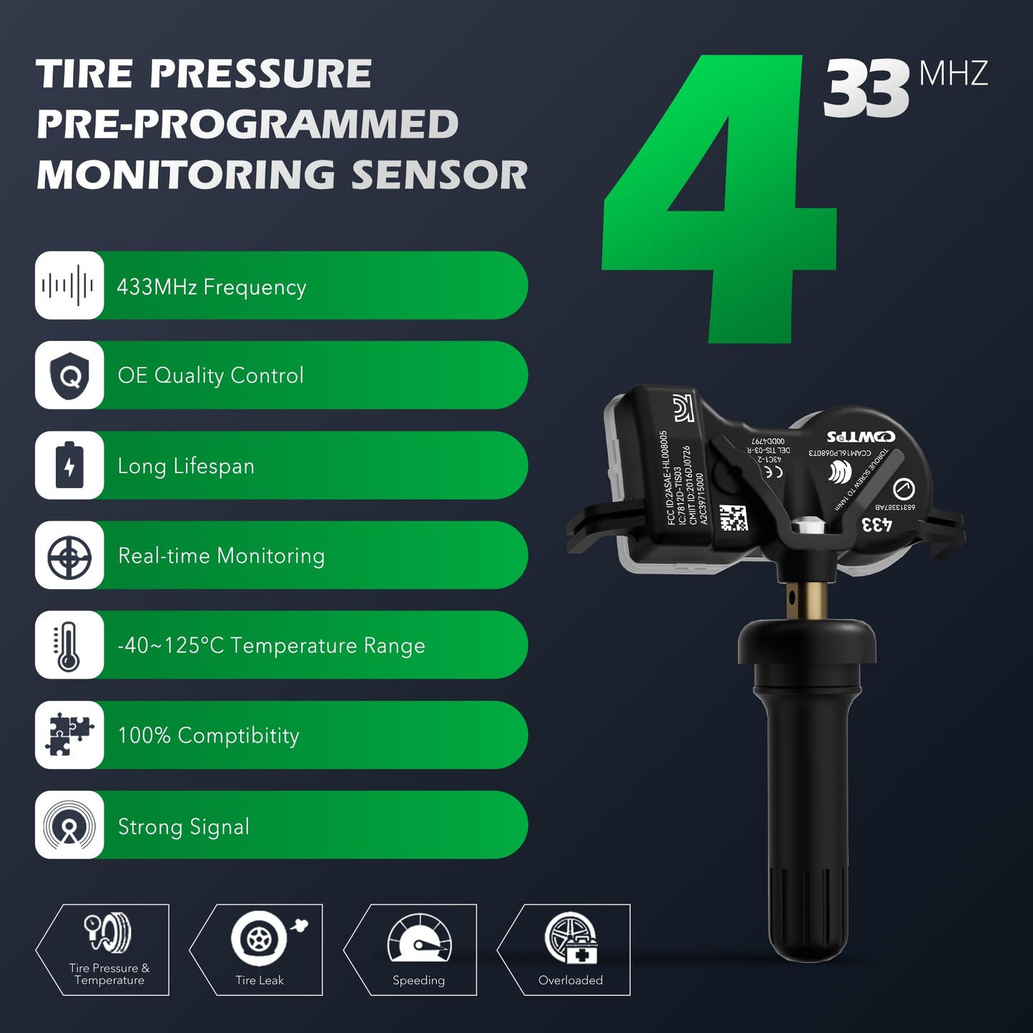 TPMS Sensor,433MHZ Tire Pressure Monitor System for Chrysler| Jeep| Dodge|Fiat Replaces#68313387AB 68193586AC 68252493AB(Set of 4)