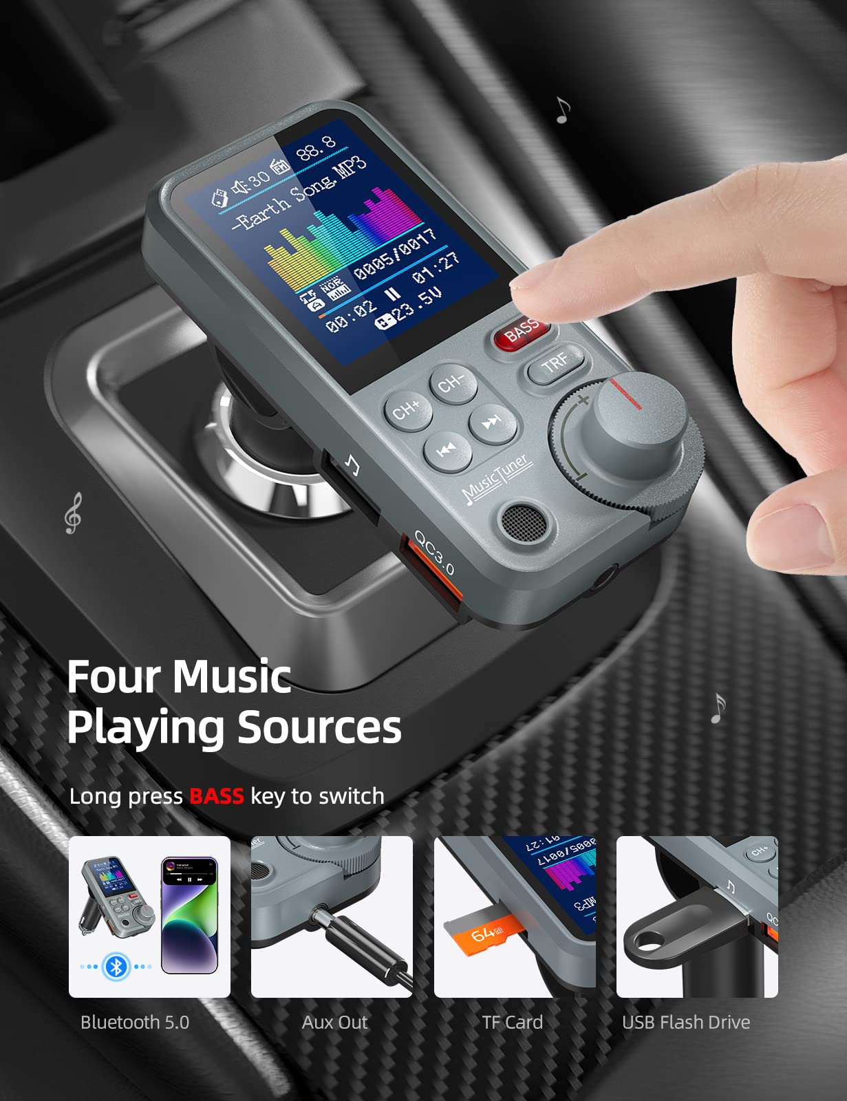 Nulaxy FM Bluetooth Transmitter for car, Strong Microphone Bluetooth Car Adapter with 1.8" Color Screen for Hands Free Calls, Supports QC3.0 Charging, Treble and Bass Sound Music Player- KM30 Grey