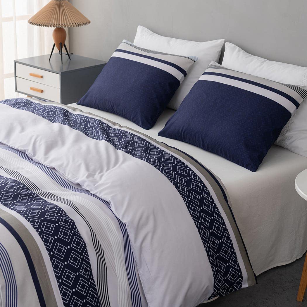 Conworld Duvet Cover Queen, 3 Pieces Bohemian Duvet Cover Sets with 2 Pillowshams, 1 Duvet Cover with Hidden Zipper & Corner Ties, Blue Striped