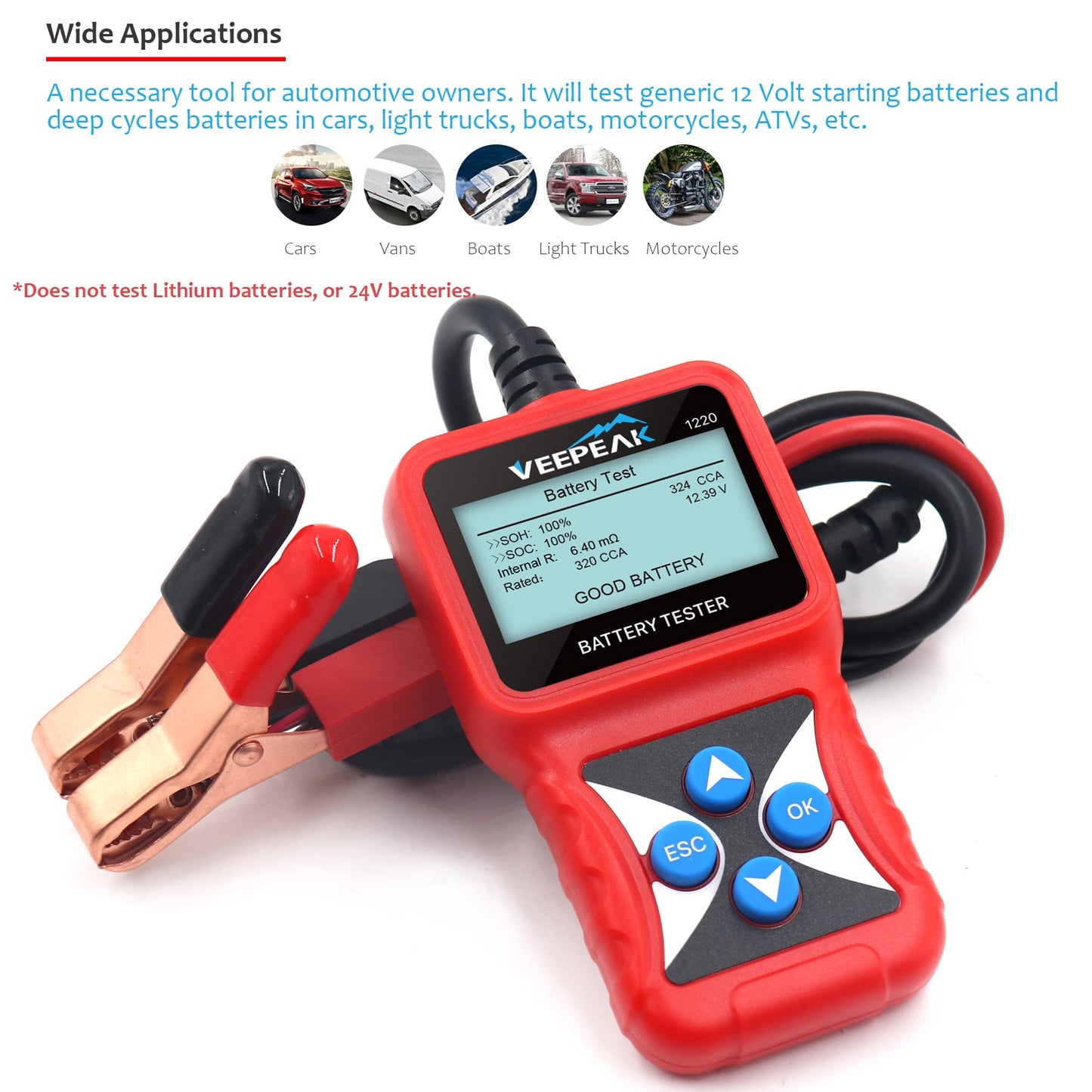Veepeak 12V Car Battery Tester, Automotive 100-2000 CCA Digital Battery Load Tester Alternator Analyzer Vehicle Charging & Cranking System Testing Tool for Cars, Motorcycles, Boats, ATVs, RVs