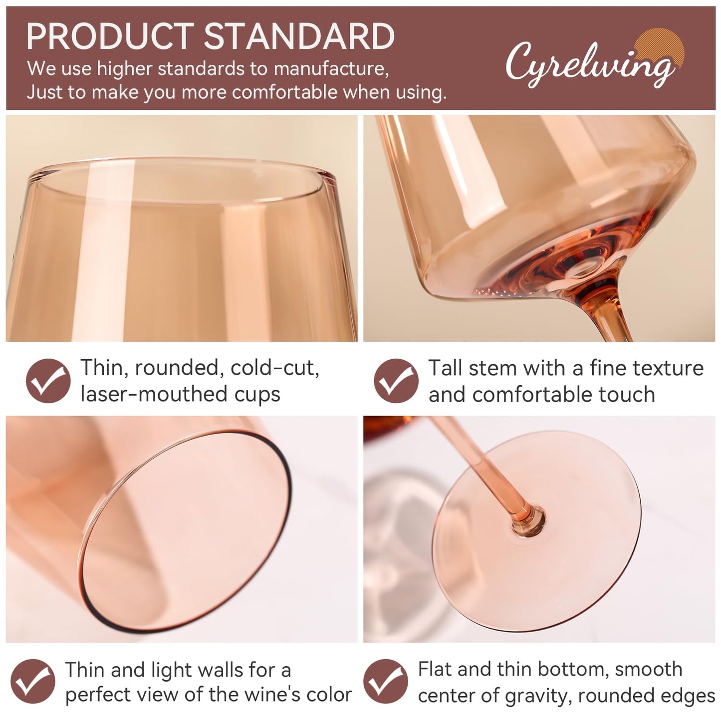 Venus Wine Glasses Set of 6-18oz【Hand Blown】 Crystal Amber Stemmed Wine Glasses-Brown Wine Glass Set for Fall Autumn Winter Wine Dinner
