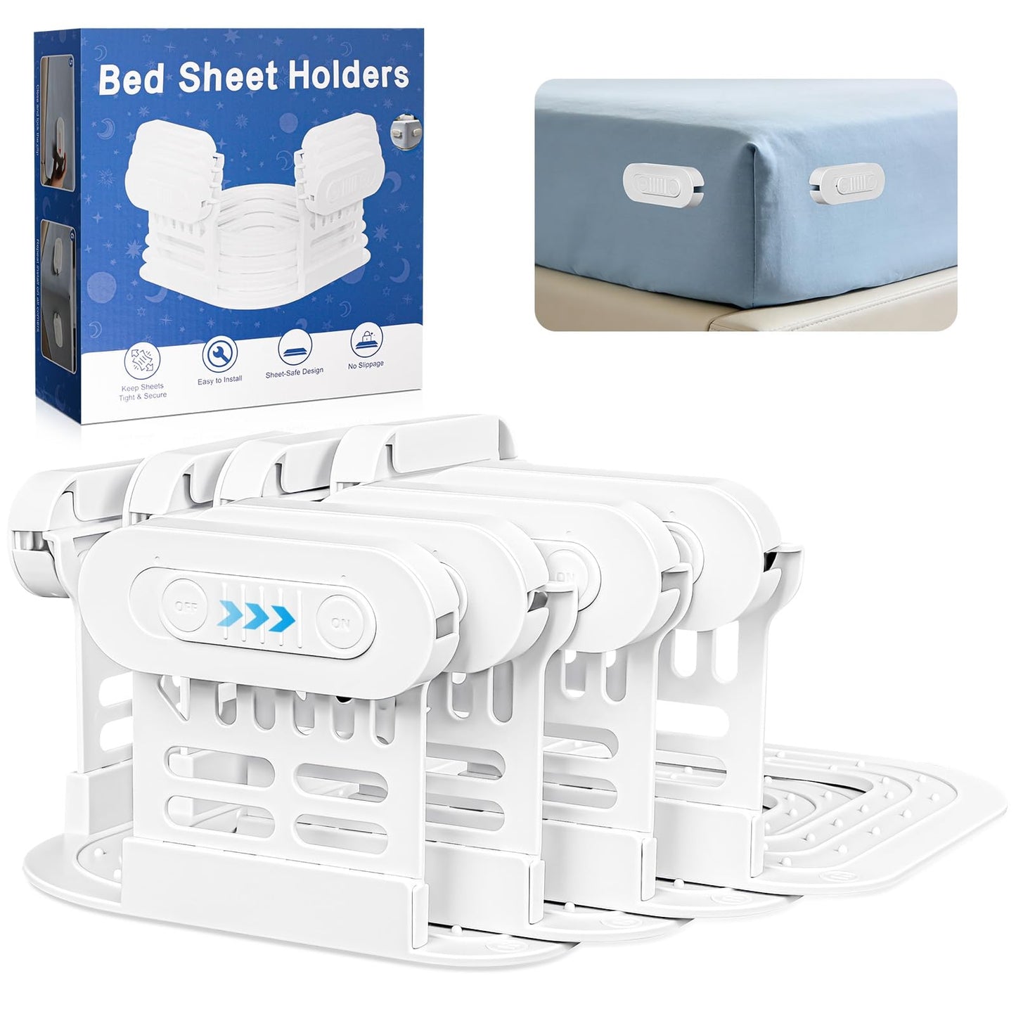 AMOVO Bed Sheet Holders for Corners Fitted Sheet Grippers Heavy Duty Bedsheet Holders, Keep Sheets on Bed Tight & Firmly, Secure Locks for Mattress Flat Sheet, Gentle on All Fabrics (Off-White)