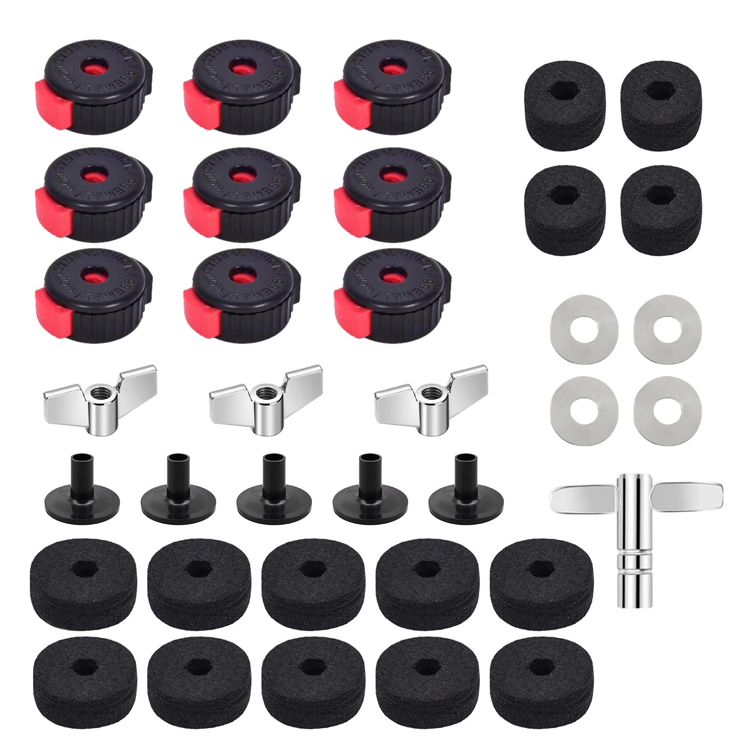 36 PCS Cymbal Replacement Accessories, Clutch Felts, Drum Cymbal Felt Pads Include Wing Nuts & Washers & Plastic Cymbals Sleeves & Drum Key and Plastic Cymbals Nuts, Replacement for Drum Set,Red