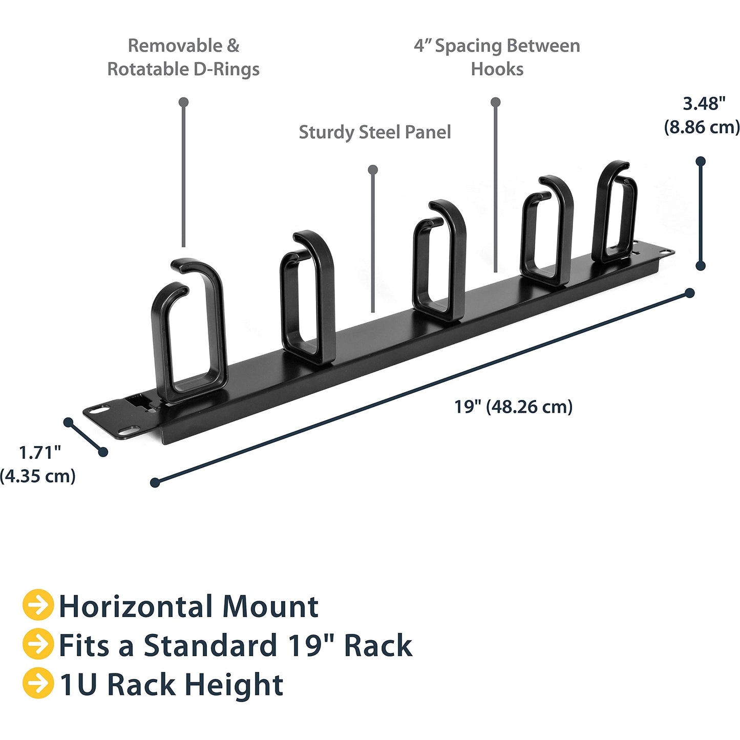 StarTech.com 19 Server Rack Cable Management Panel w/D-Ring Hooks - 1U Horizontal or Vertical Wire and Cord Manager - Metal (CABLMANAGER2)