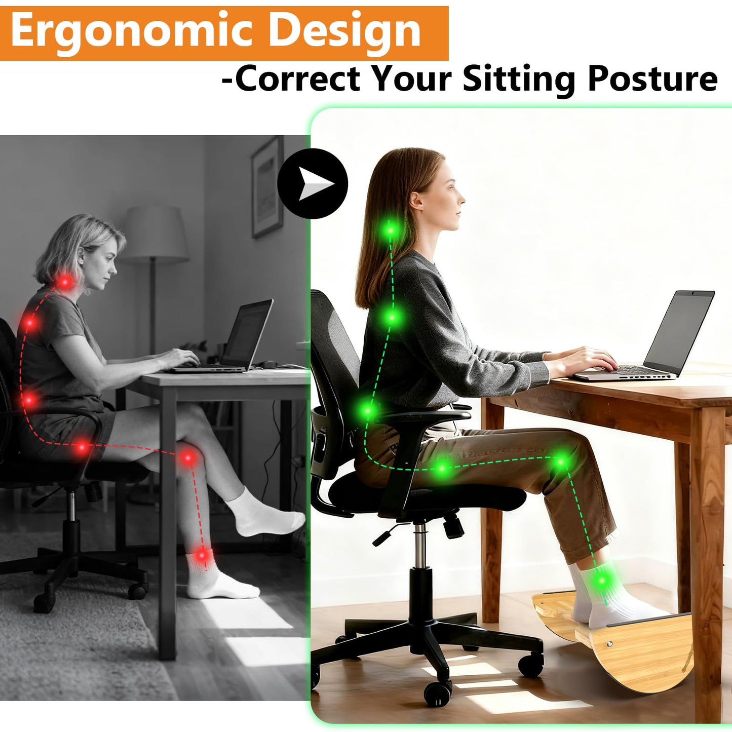 Bamboo Foot Rest Under Desk - Rocking Desk Foot Rest 2-in-1 with 6 Adjustable Heights, Ergonomic Footrest Under Desk with Anti-Slip Surface for Home, Office and Gaming