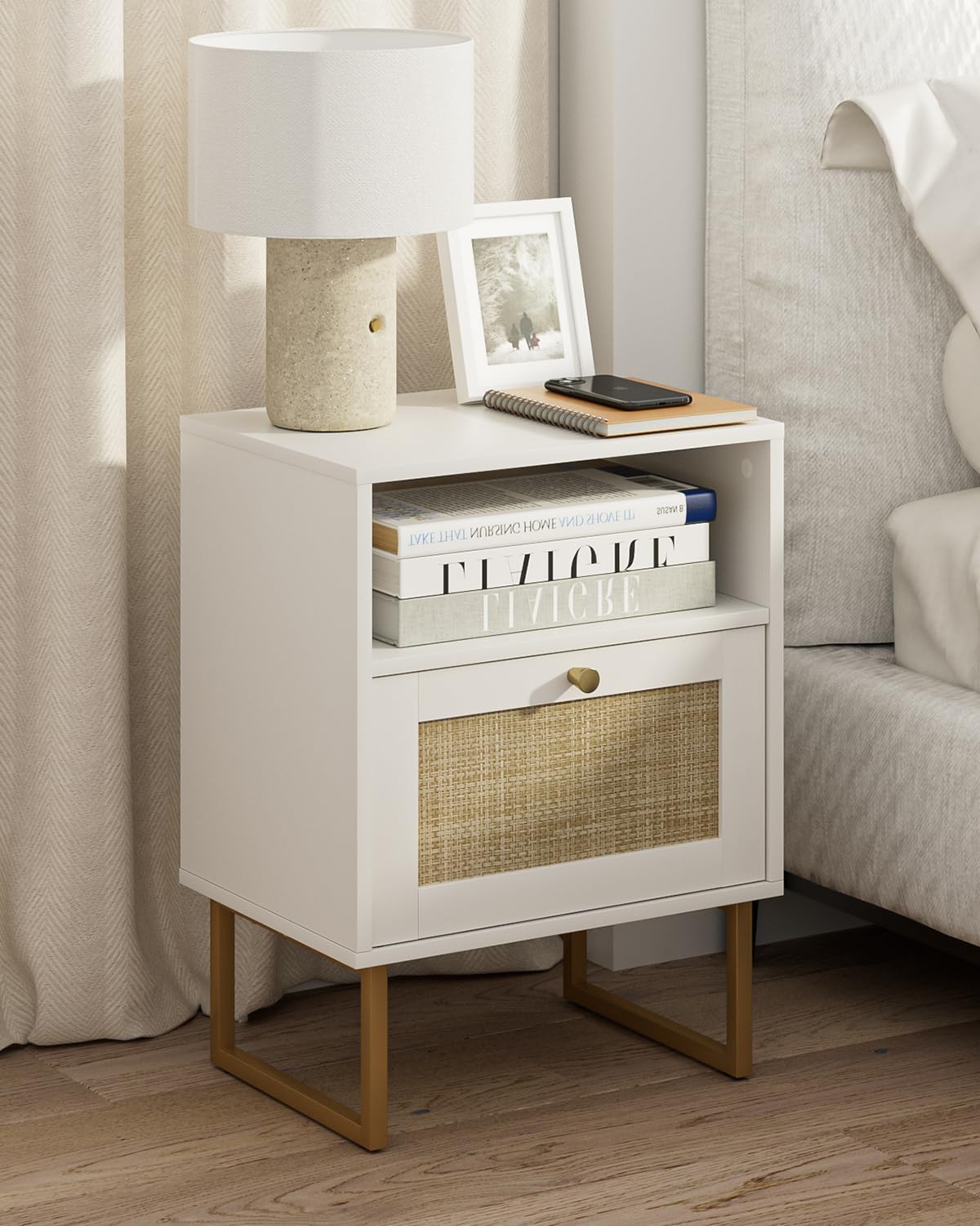 Masupu Rattan Nightstand,Modern Boho Farmhouse Wood Side Table with Storage Drawer and Open Shelf,Small Gold Frame Bedide End Table for Bedroom,Living Room,Office,White