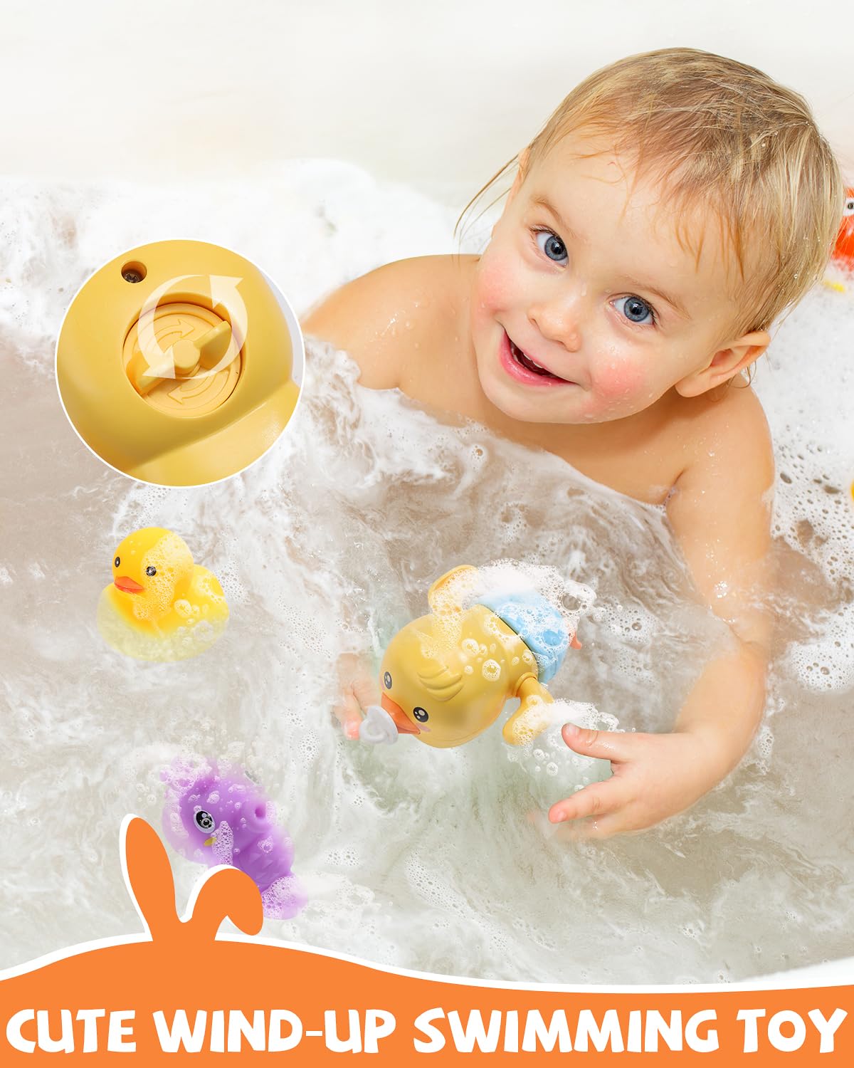 CUTE STONE Baby Rabbit Bath Toys W/ 2 Shower Heads, Electric Bathtub Water Spray Toy W/ Rechargeable Battery, Floating Squirting Animals, Wind Up Swim Duck, Fishing Games Pool Toys for Kids Boys Girls
