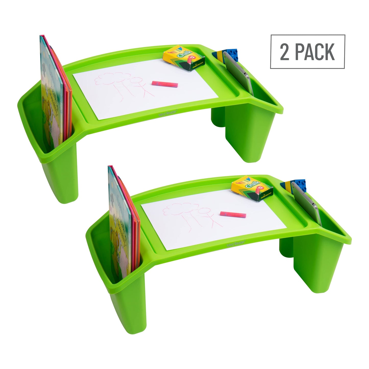 Mind Reader Kids Lap Desk, Portable Activity Tray with Side Storage, Stackable Plastic Desk for Drawing, Snacks, Study, Set of 2, Green