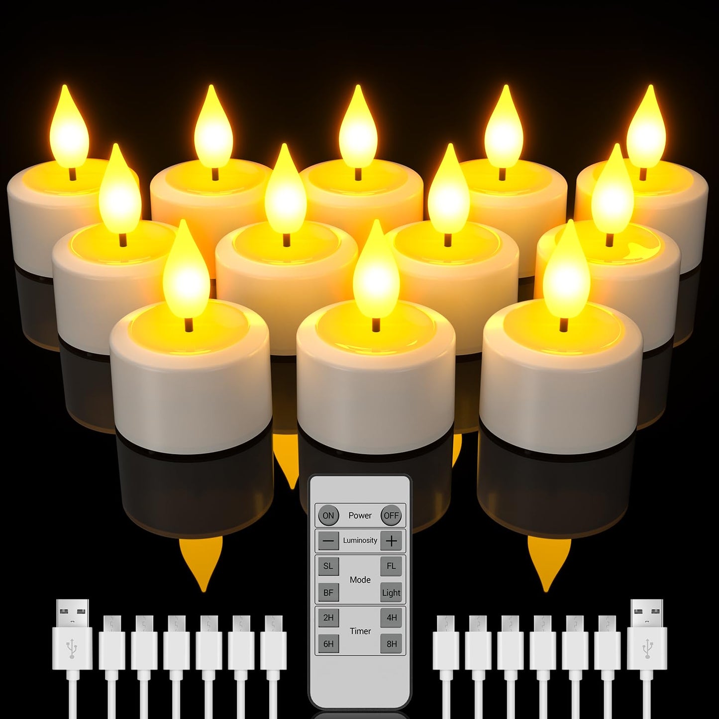 SoulBay Rechargeable Tea Lights with Remote, 12pcs Flameless Flickering LED Candles with Timer & Charging Cable, No Battery Needed, for Home Lantern Table Party Holiday Decorations
