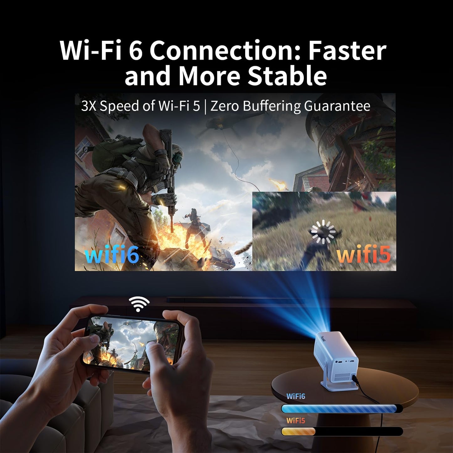 Tecaki Native 1080P Projector 4K Projector with WiFi and Bluetooth, Electric Focus & 180° Rotation, Portable Outdoor Projector Compatible with HDMI, USB, TV Stick, Phone for Home/Outdoor Use