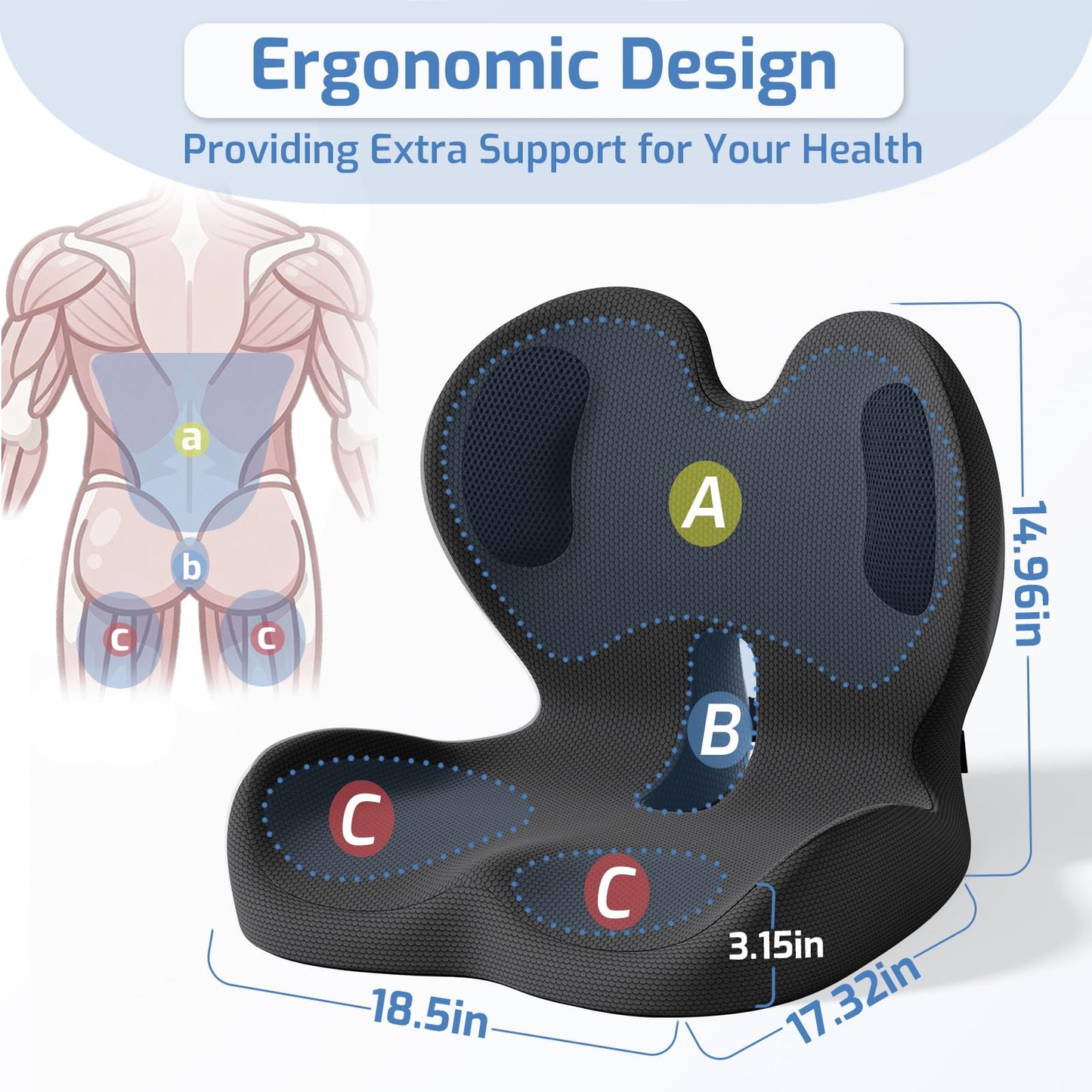Ergonomic Seat Cushion,Memory Foam Cushion for Office Chair,Non Slip Car Seat Cushion,Designed for Long Sitting,Tailbone,Back Pain Relief,for Office,Home,Car Drivers,Desk Chair