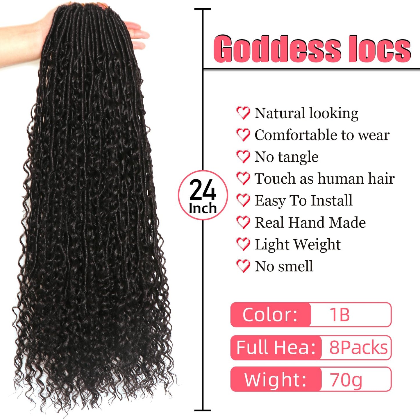 AMUMI Goddess Locs Crochet Hair 24 Inch 8 Bundles Boho Faux Locs Crochet Hair for Black Women Crazy Soft with Curly Ends (24 Inch), 8 Pieces, 1B#