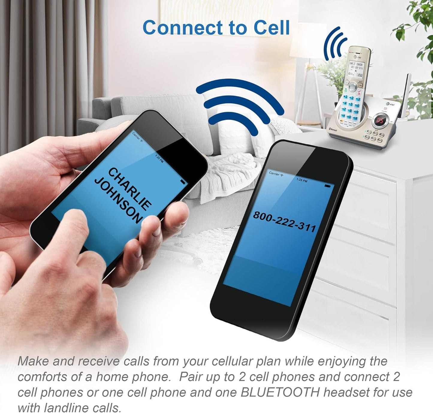 AT&T DL72119 DECT 6.0 Single Cordless Phone for Home with Bluetooth Connect to Cell, Call Blocking, 1.8" Backlit Screen, Big Buttons, intercom, and Unsurpassed Range, White/Champagne