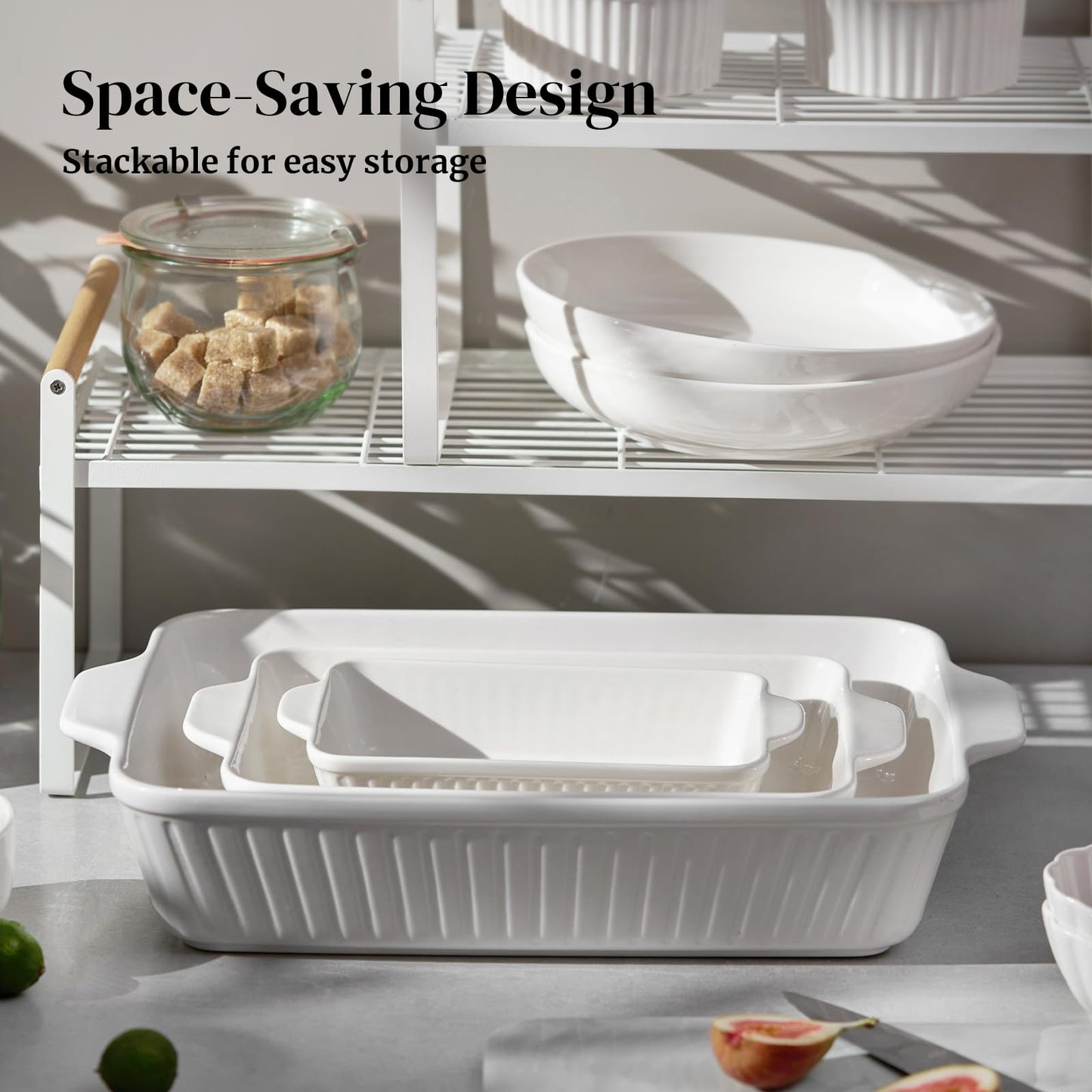 DOWAN Casserole Dishes for Oven, Baking Dishes Set, Ceramic Bakeware Sets of 3, Lasagna Pan Deep, Rectangular Baking Pan Set with Handles for Baking, Casserole, Kitchen, Wedding Gift, Soft White (15.6