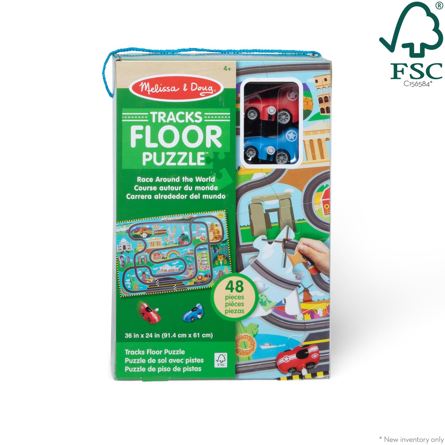 Melissa & Doug Race Around the World Tracks Cardboard Jigsaw Floor Puzzle and Wind-Up Vehicles (48 Pcs) for Preschoolers and Kids Ages 4+ - FSC Certified