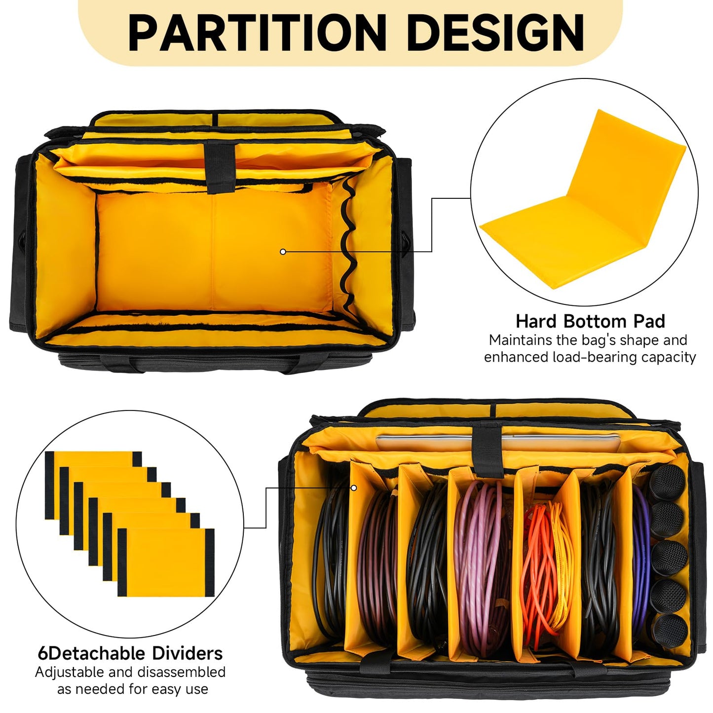 Large DJ Equipment Bag with 6 Detachable Dividers,DJ Cable File Bag with Laptop and Microphone Slots,Travel Dj Gig Organizer Bags for DJ Gear,Musicians, Professional and Dj Accessories(21.5"×12"×11")