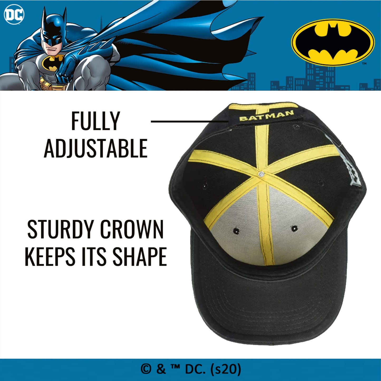 DC Comics Batman Baseball Hat, Embroidered Logo Adjustable Cap with Curved Brim, Black, One Size, Black/Yellow, One Size