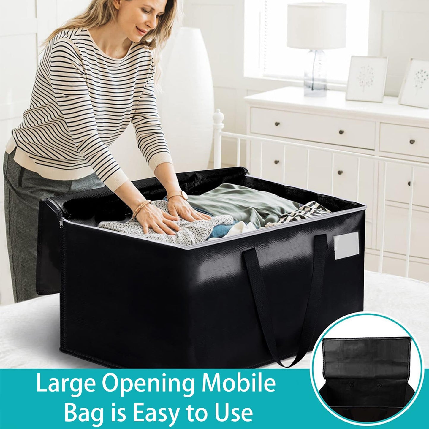 6 Pack Extra Large Moving Bags, Heavy Duty Storage Tote Bags, Travel Duffel Storage Bags, Foldable Moving House Storage Bags with Zippers and Handles for Comforters, Clothes, Bedding (6 Pack Black)