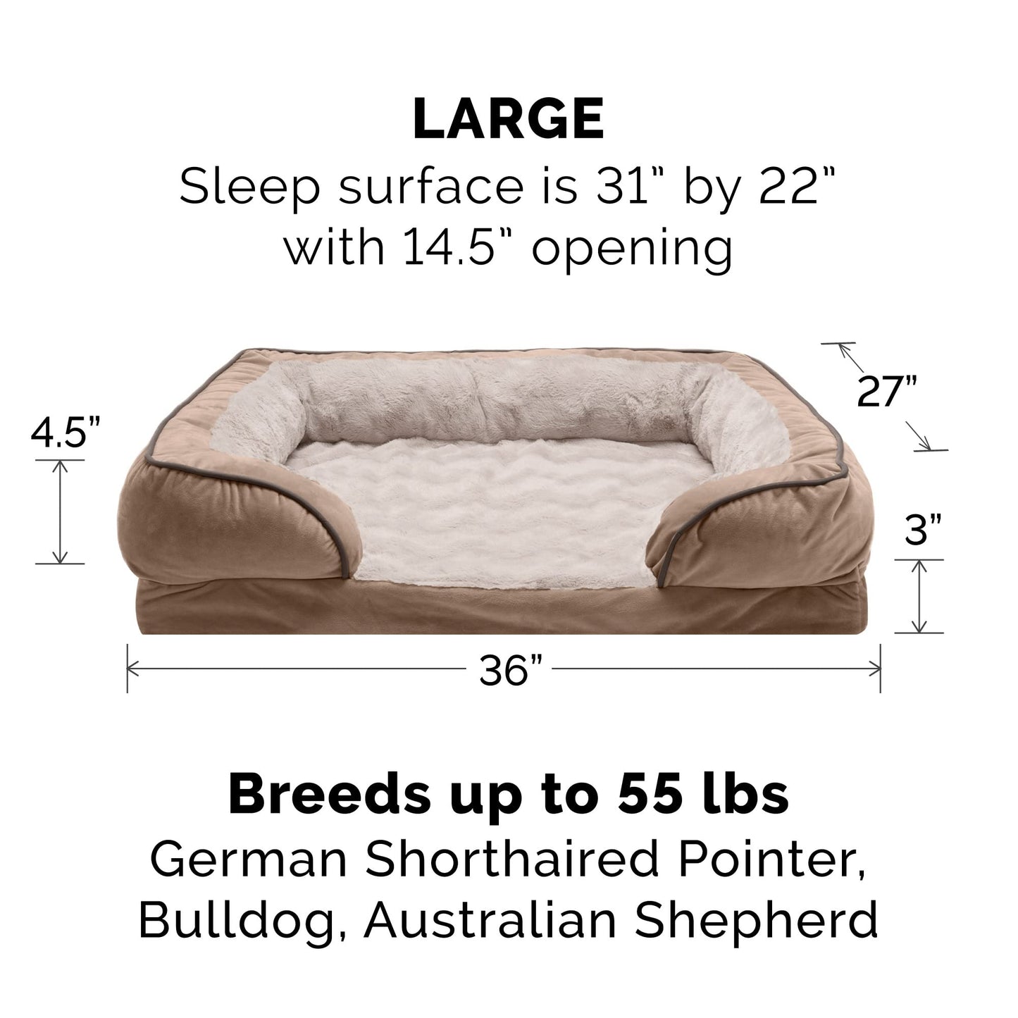 Furhaven Cooling Gel Dog Bed for Large/Medium Dogs w/Removable Bolsters & Washable Cover, for Dogs Up to 55 lbs - Plush & Velvet Waves Perfect Comfort Sofa - Brownstone, Large
